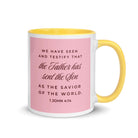1 John 4:14 Bible Verse, We have seen White Ceramic Mug with Color Inside Yellow 11 oz