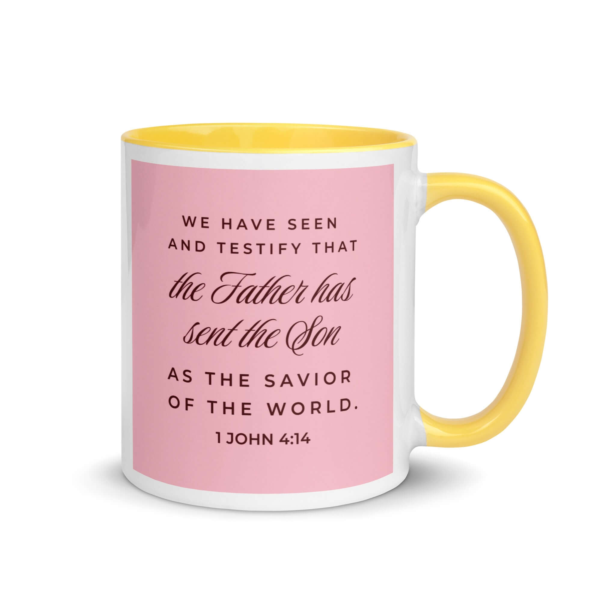 1 John 4:14 Bible Verse, We have seen White Ceramic Mug with Color Inside Yellow 11 oz