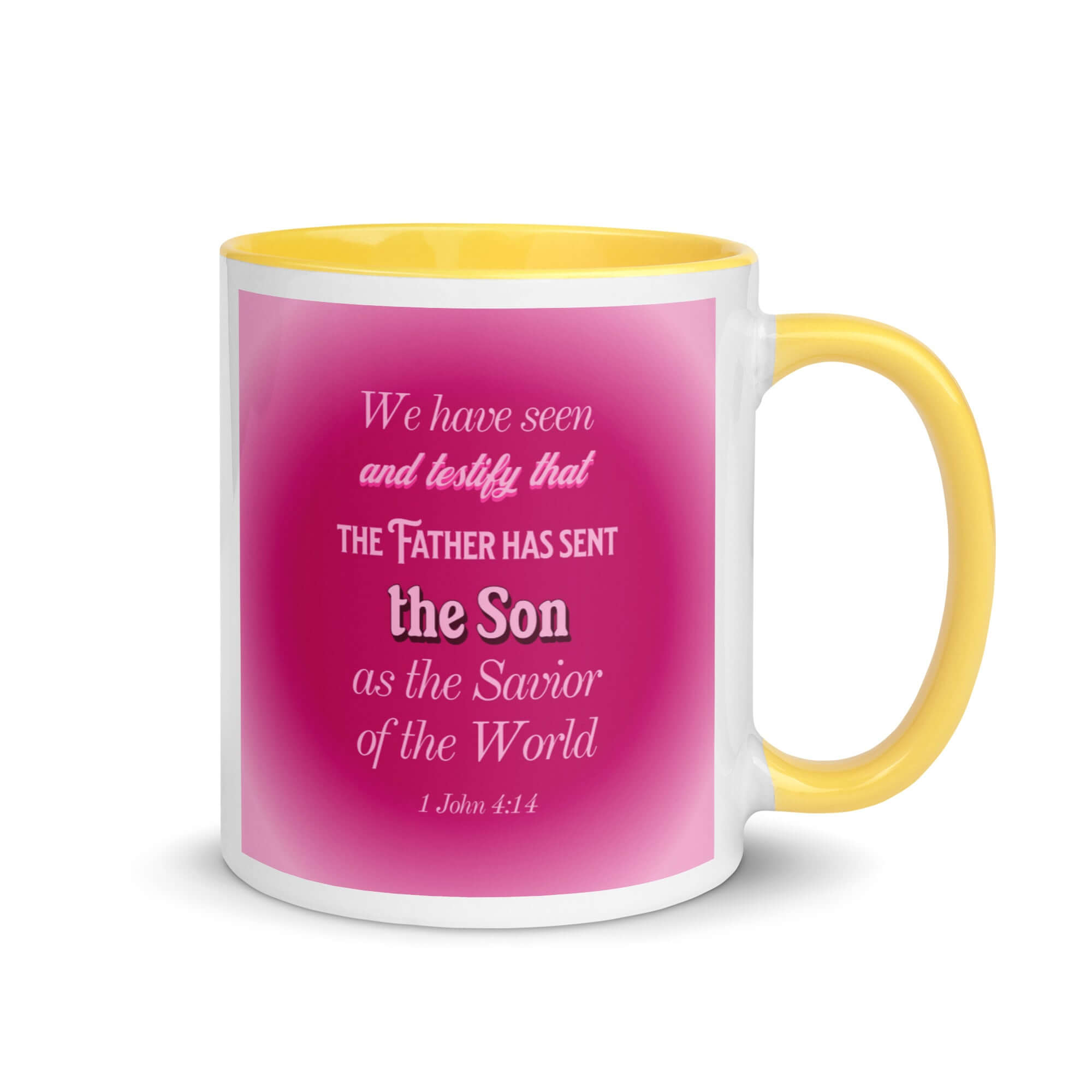 1 John 4:14 Bible Verse, that the Father White Ceramic Mug with Color Inside Yellow 11 oz