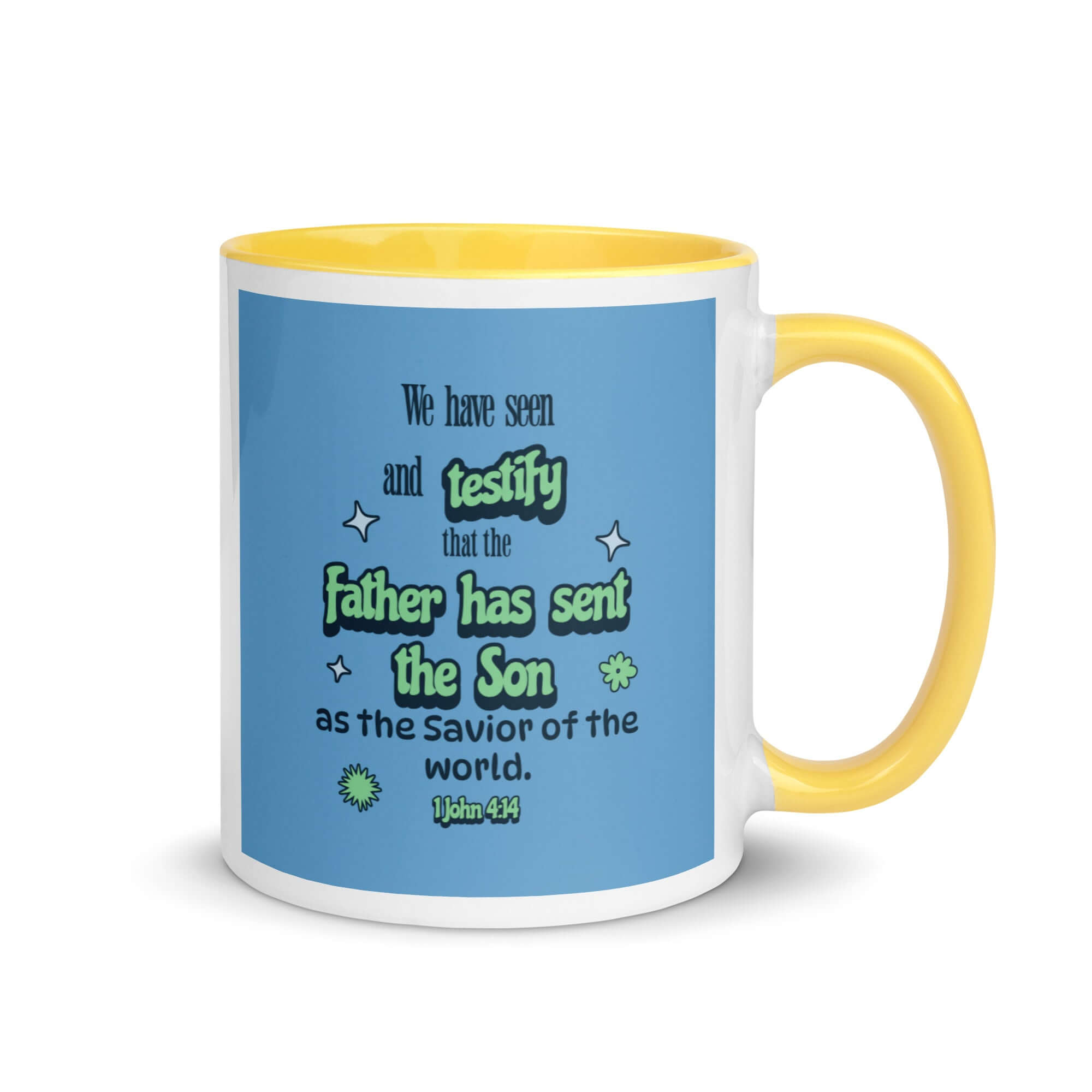 1 John 4:14 Bible Verse, sent the Son White Ceramic Mug with Color Inside Yellow 11 oz