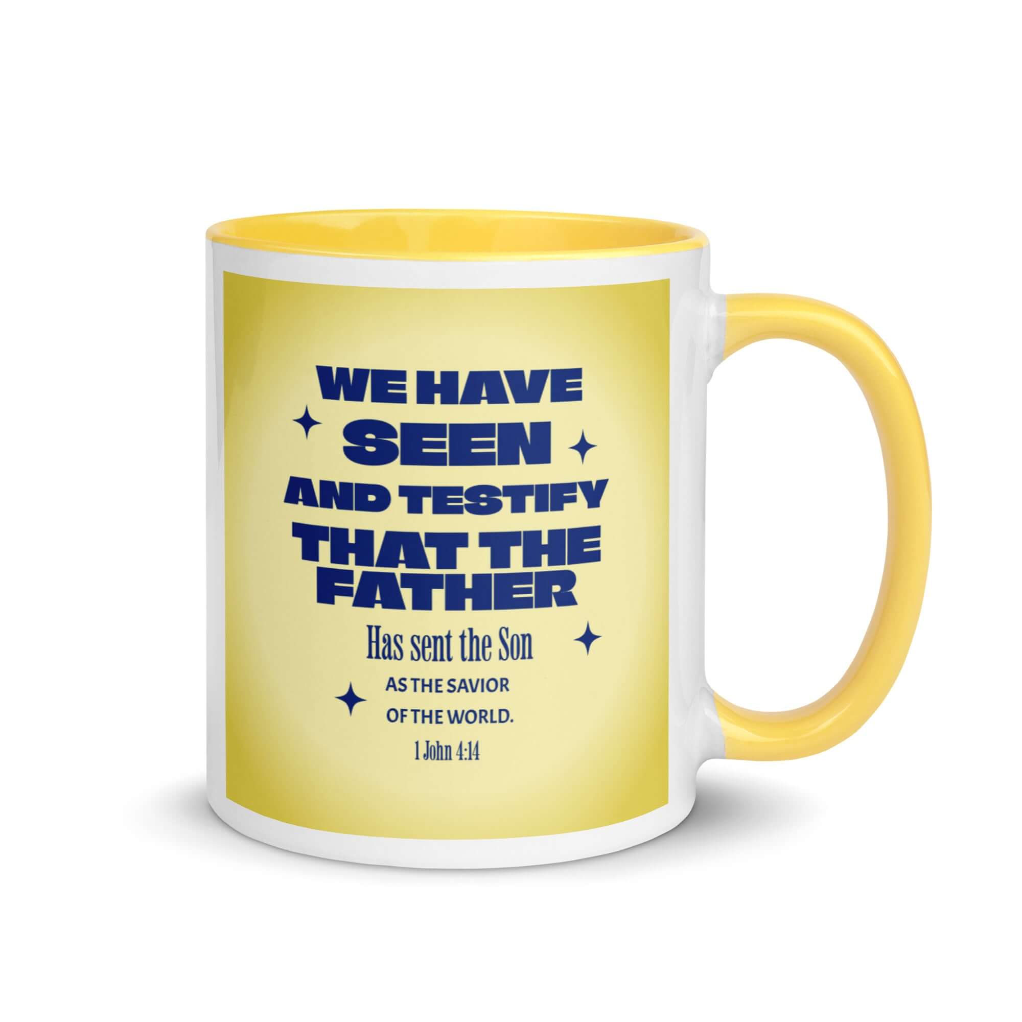 1 John 4:14 Bible Verse, Savior of the world White Ceramic Mug with Color Inside Yellow 11 oz