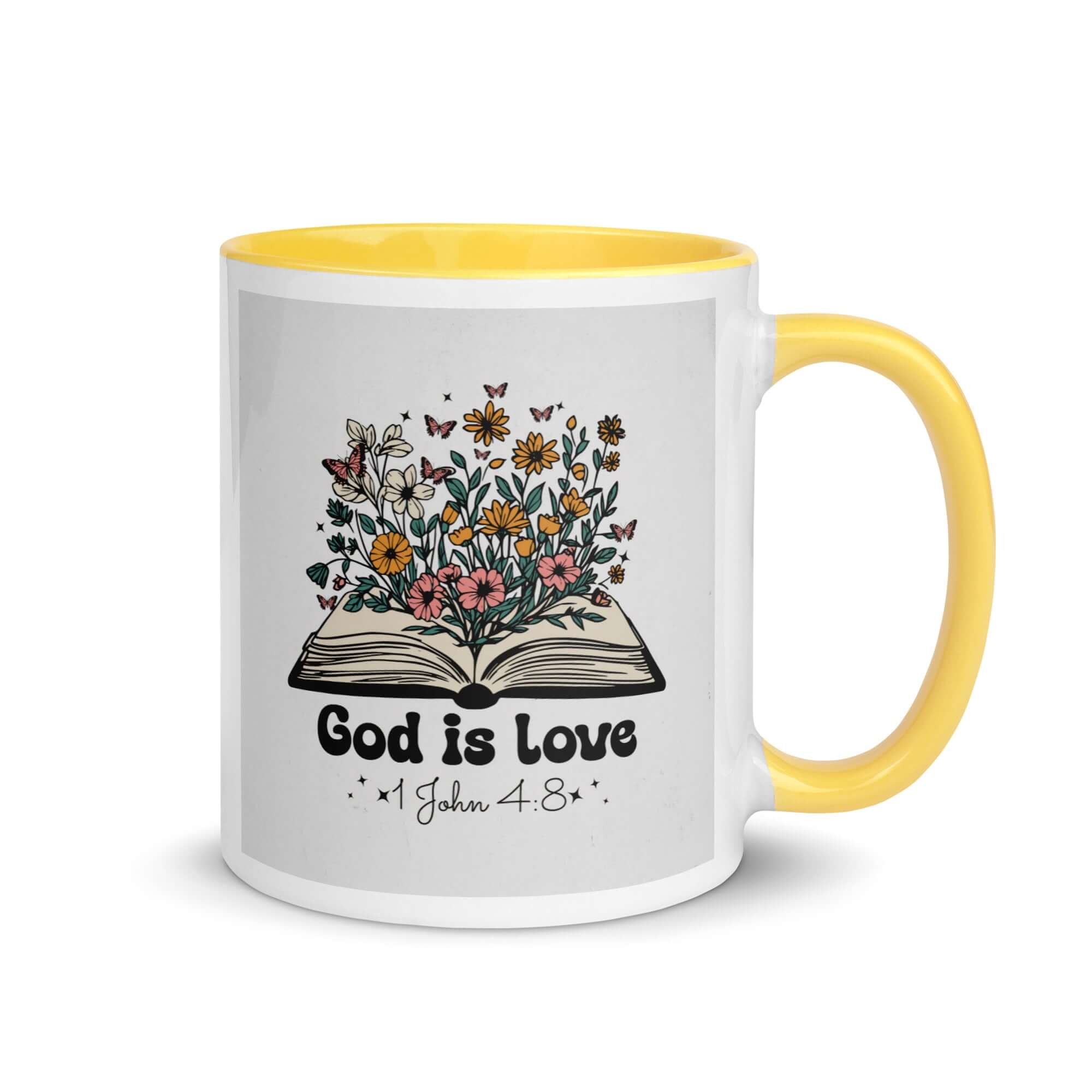 1 John 4:8 Bible Verse, God is Love White Ceramic Mug with Color Inside Yellow 11 oz