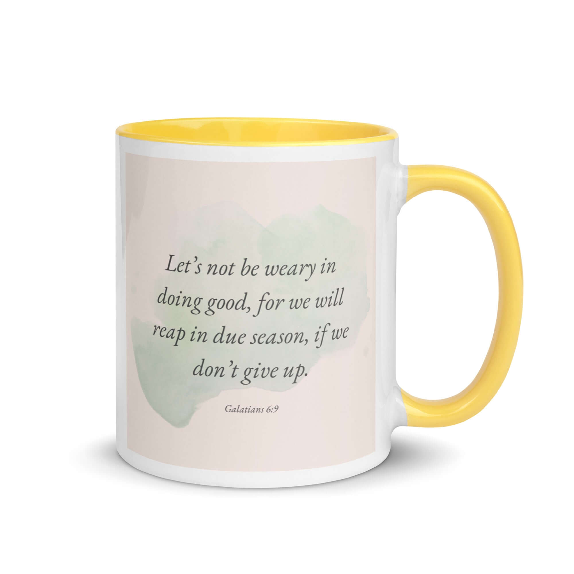 Galatians 6:9 Bible Verse, not be weary White Ceramic Mug with Color Inside Yellow 11 oz
