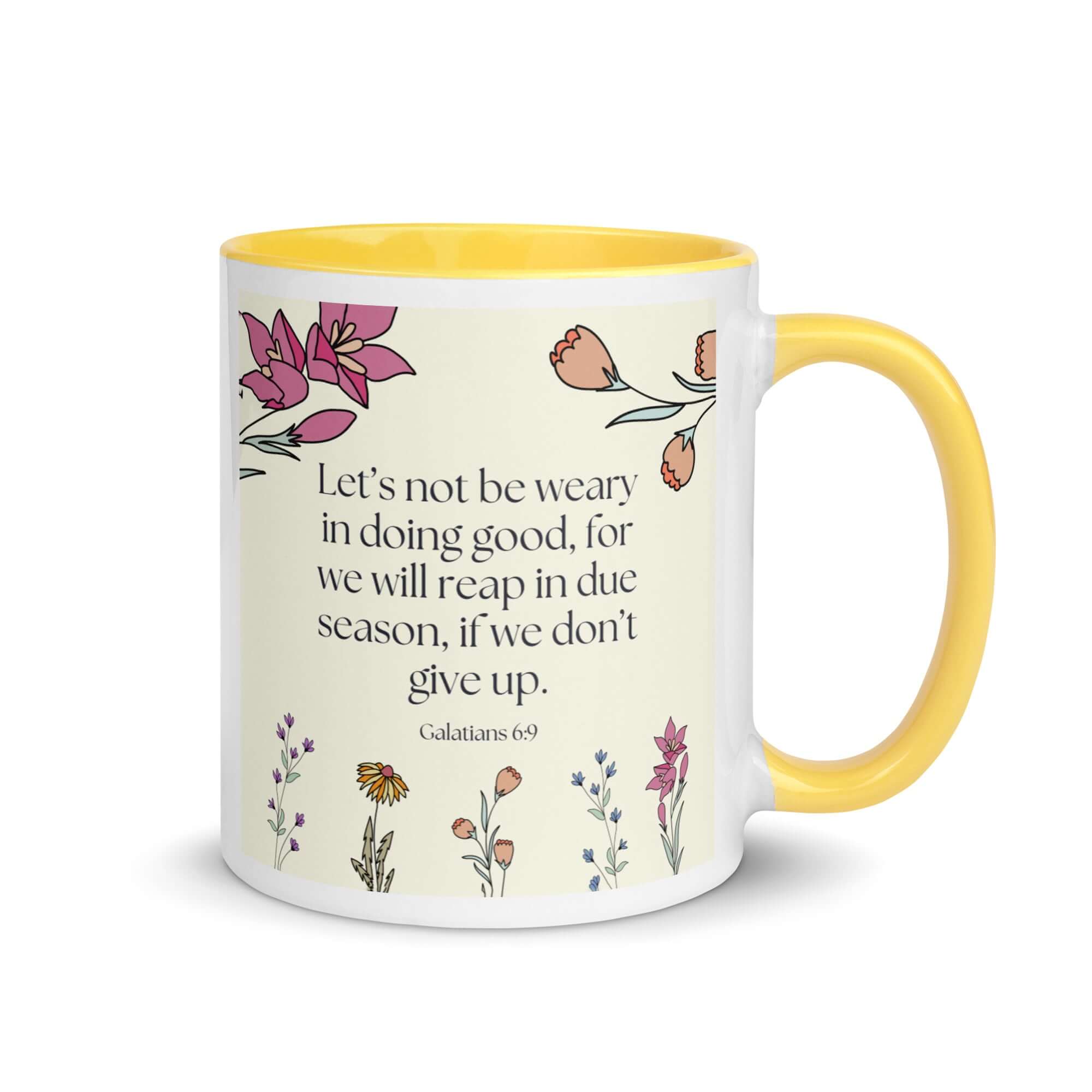 Galatians 6:9 Bible Verse, in doing good White Ceramic Mug with Color Inside Yellow 11 oz