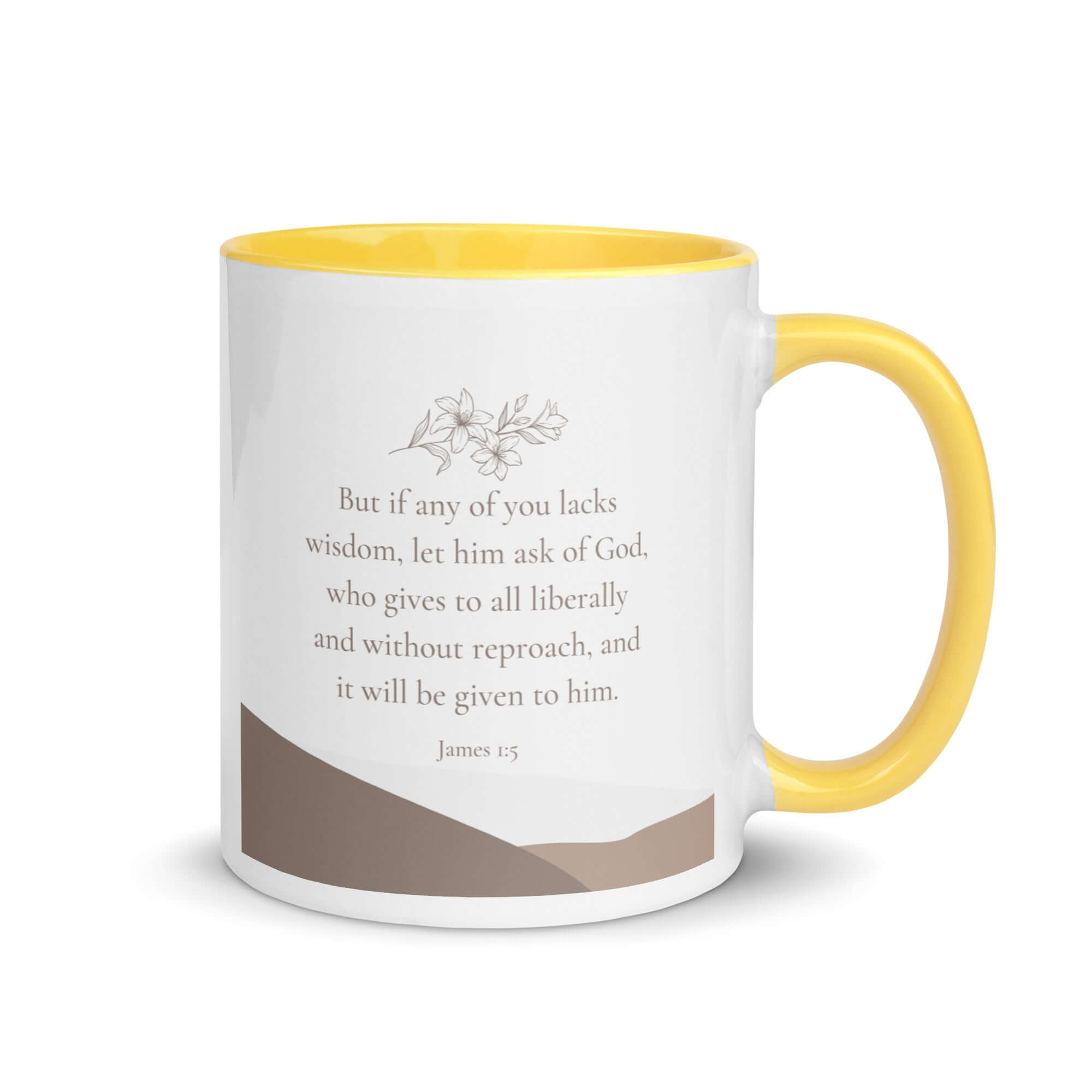James 1:5 Bible Verse, ask of God White Ceramic Mug with Color Inside Yellow 11 oz