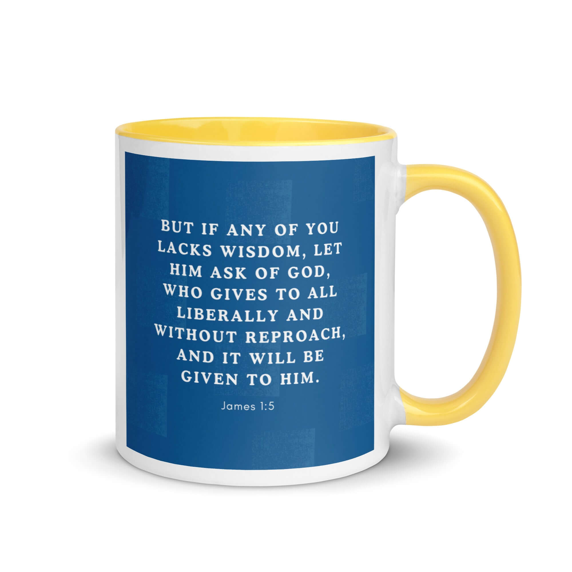 James 1:5 Bible Verse, gives to all White Ceramic Mug with Color Inside Yellow 11 oz