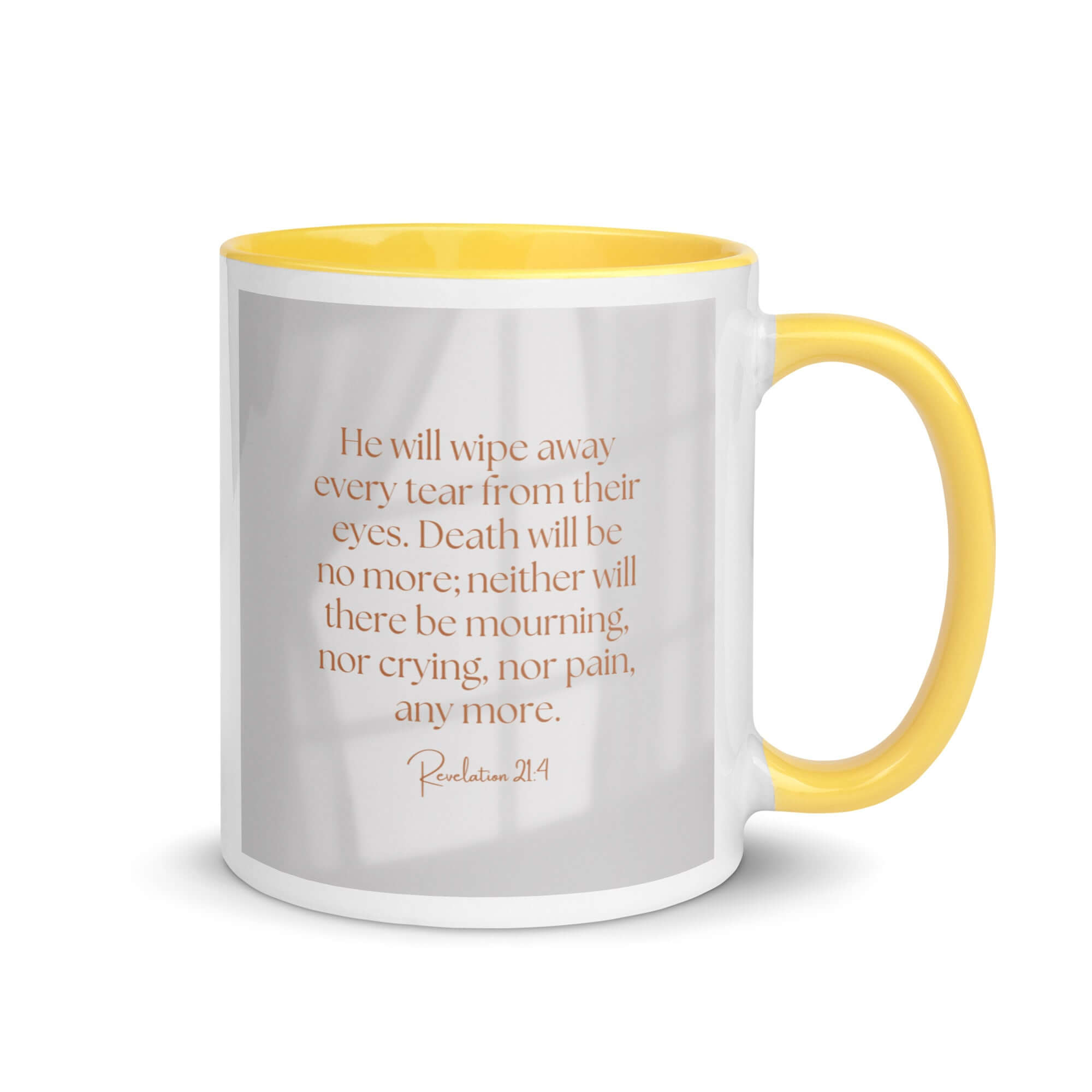 Revelation 21:4 Bible Verse, He will wipe White Ceramic Mug with Color Inside Yellow 11 oz