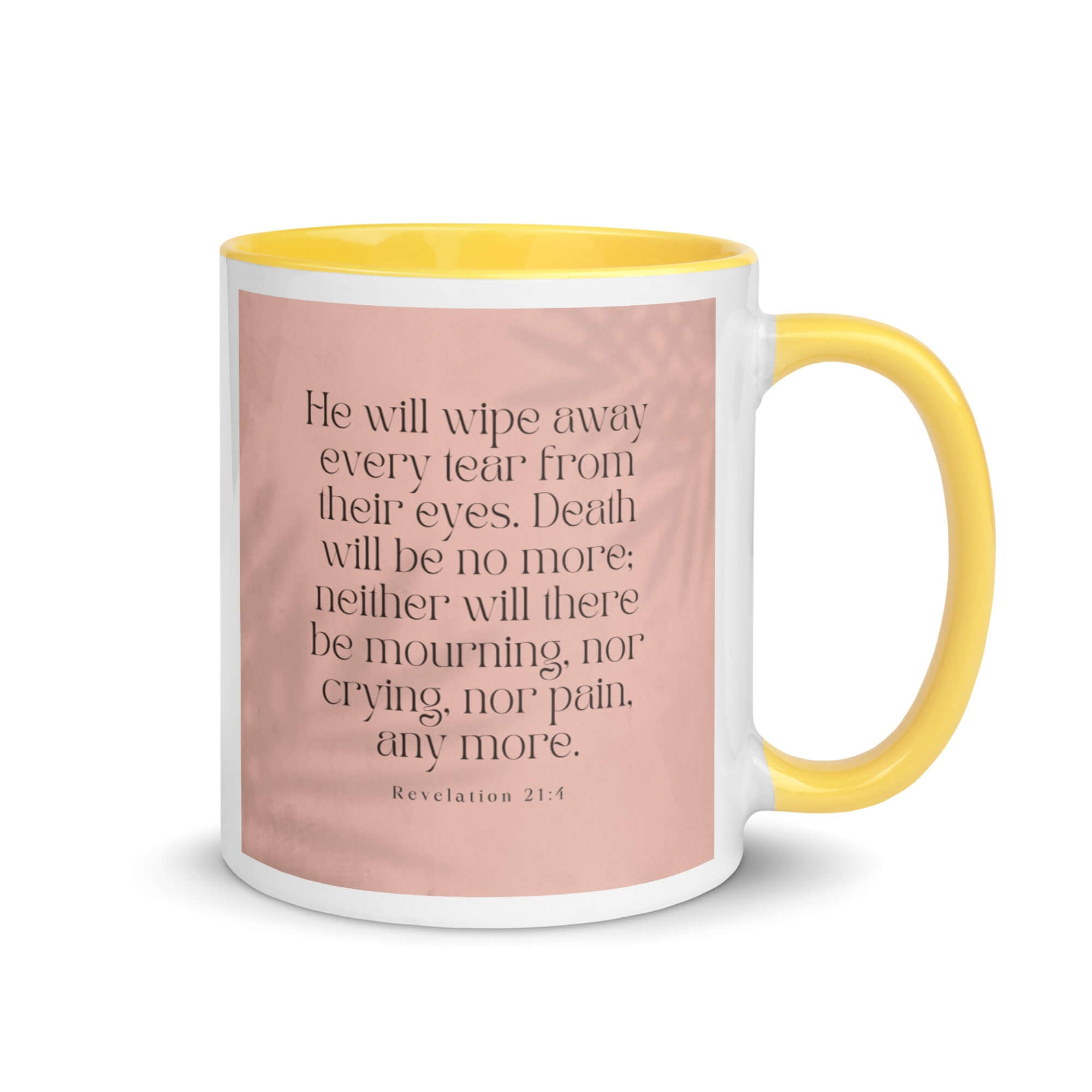 Revelation 21:4 Bible Verse, their eyes White Ceramic Mug with Color Inside Yellow 11 oz