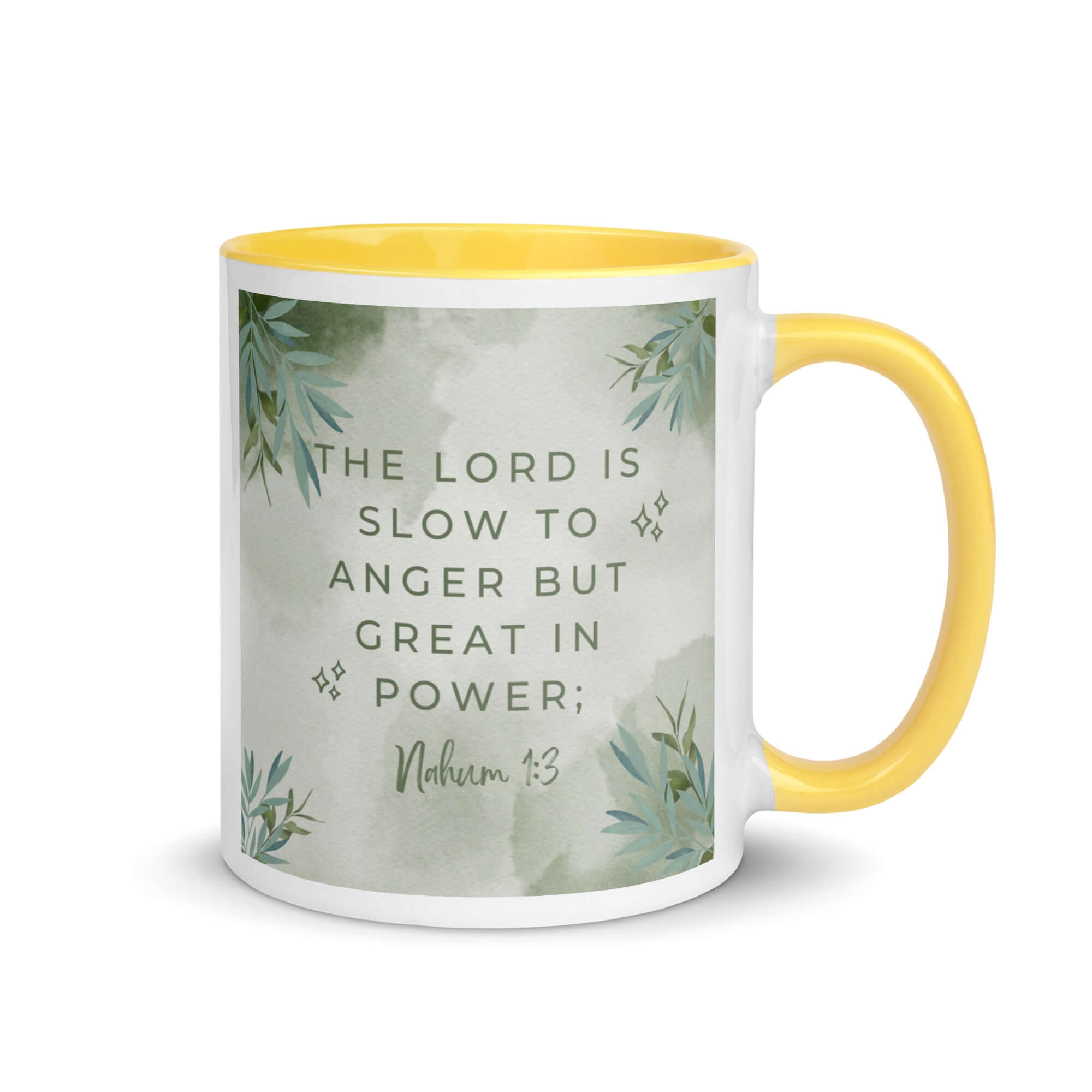 Nahum 1:3 Bible Verse, The Lord is slow White Ceramic Mug with Color Inside Yellow 11 oz