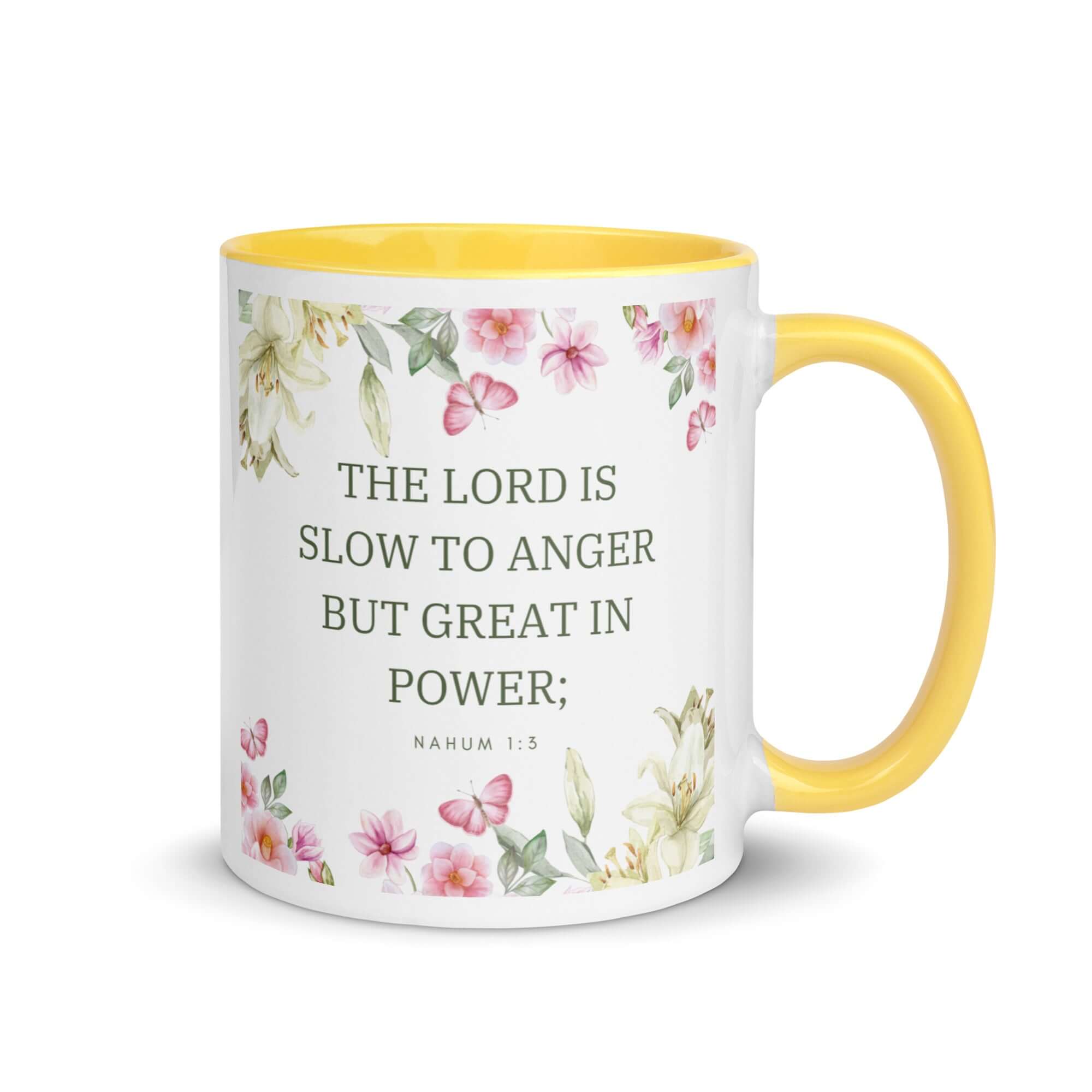 Nahum 1:3 Bible Verse, slow to anger White Ceramic Mug with Color Inside Yellow 11 oz