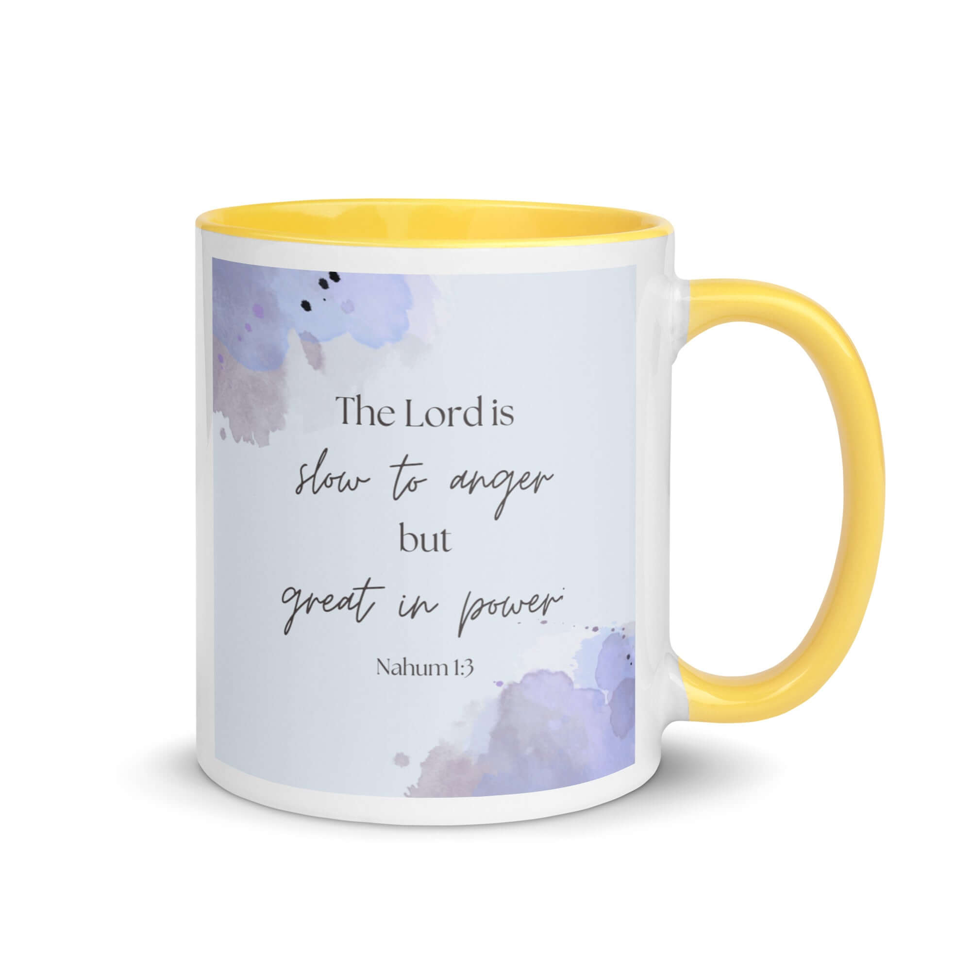 Nahum 1:3 Bible Verse, great in power White Ceramic Mug with Color Inside Yellow 11 oz