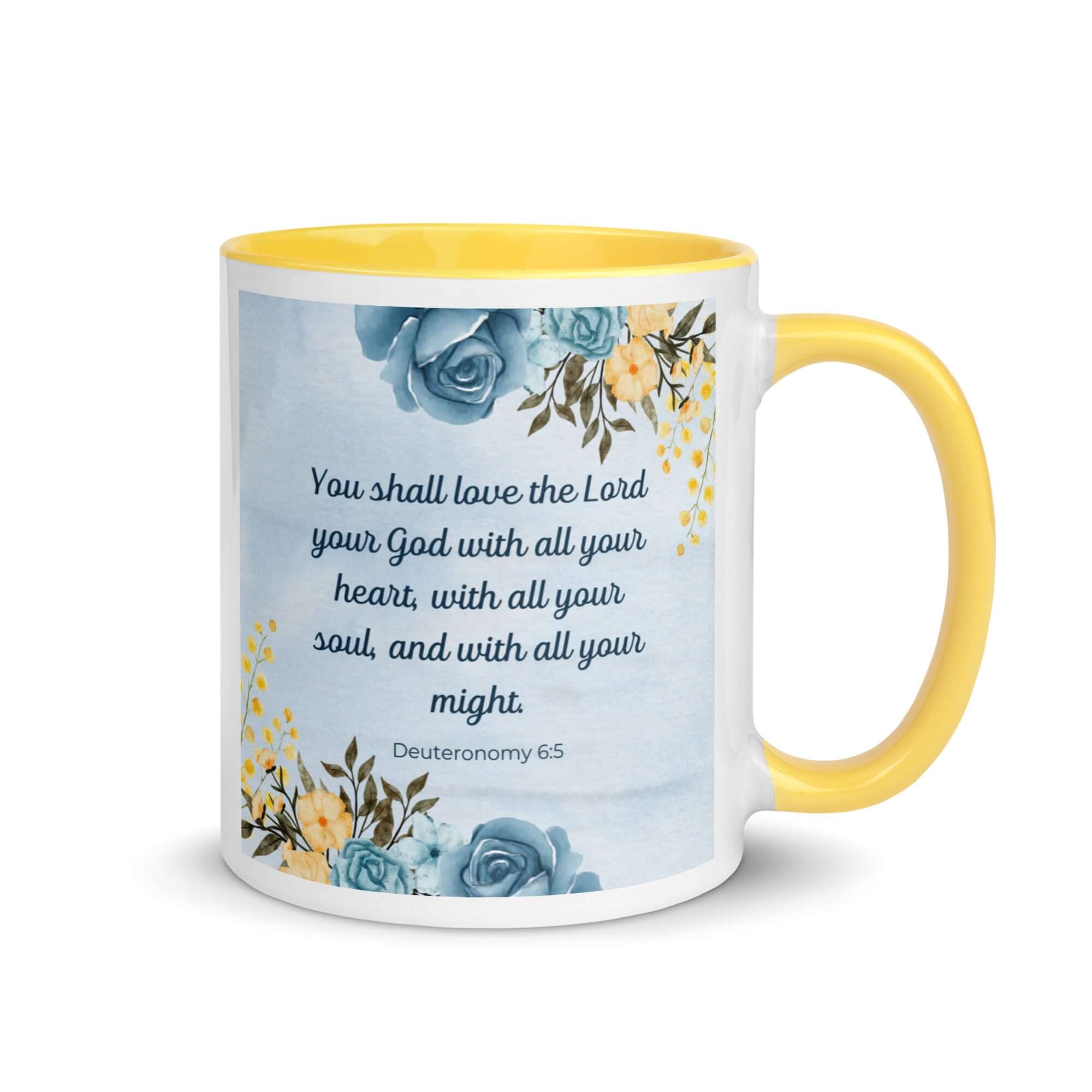 Deuteronomy 6:5 Bible Verse, You shall love White Ceramic Mug with Color Inside Yellow 11 oz