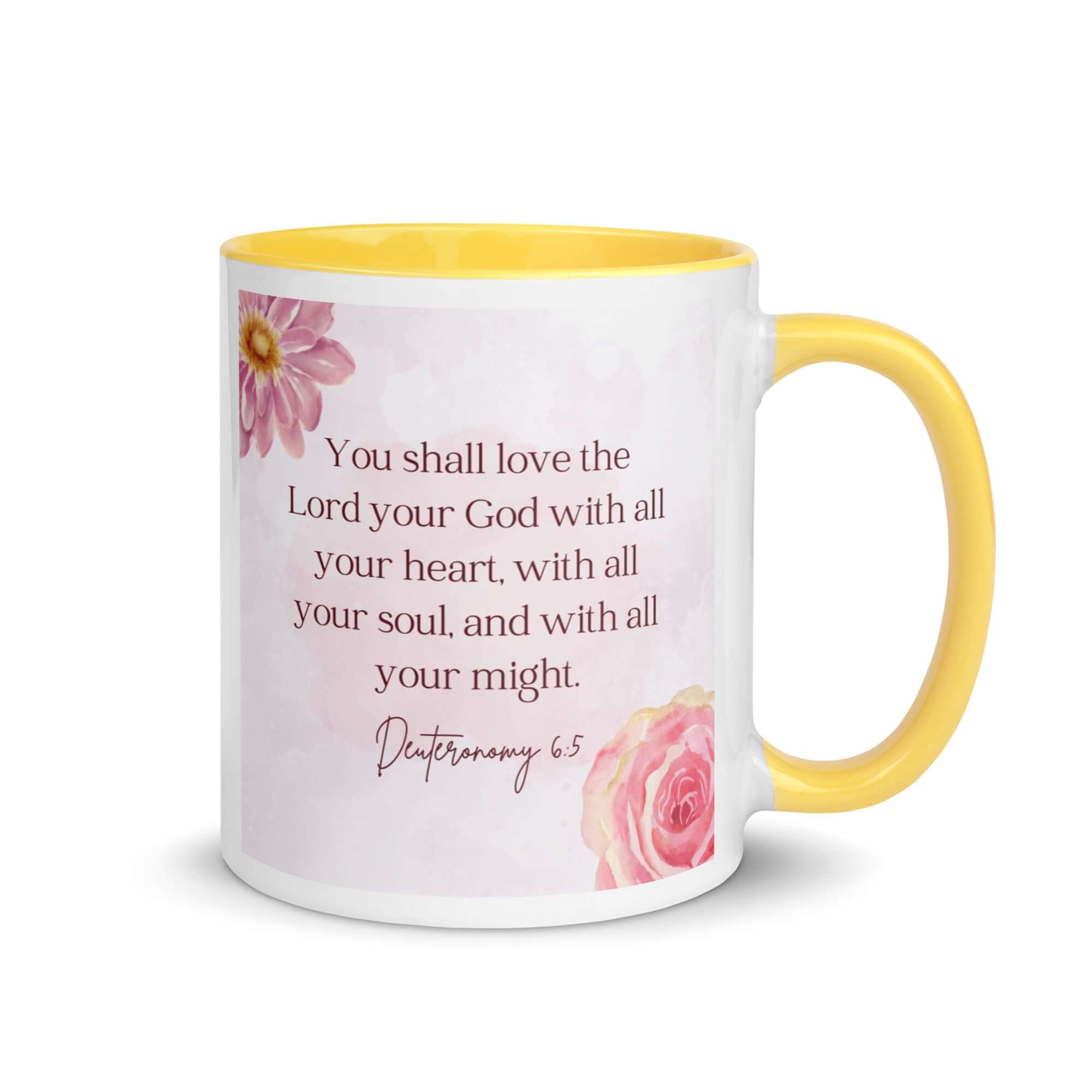Deuteronomy 6:5 Bible Verse, the Lord White Ceramic Mug with Color Inside Yellow 11 oz
