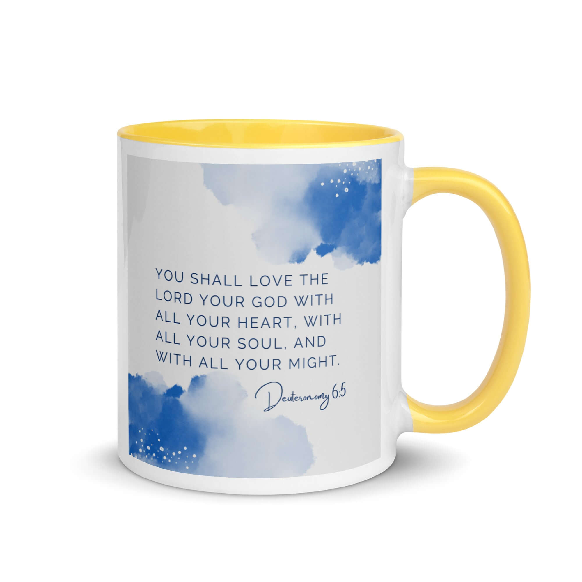 Deuteronomy 6:5 Bible Verse, your God White Ceramic Mug with Color Inside Yellow 11 oz