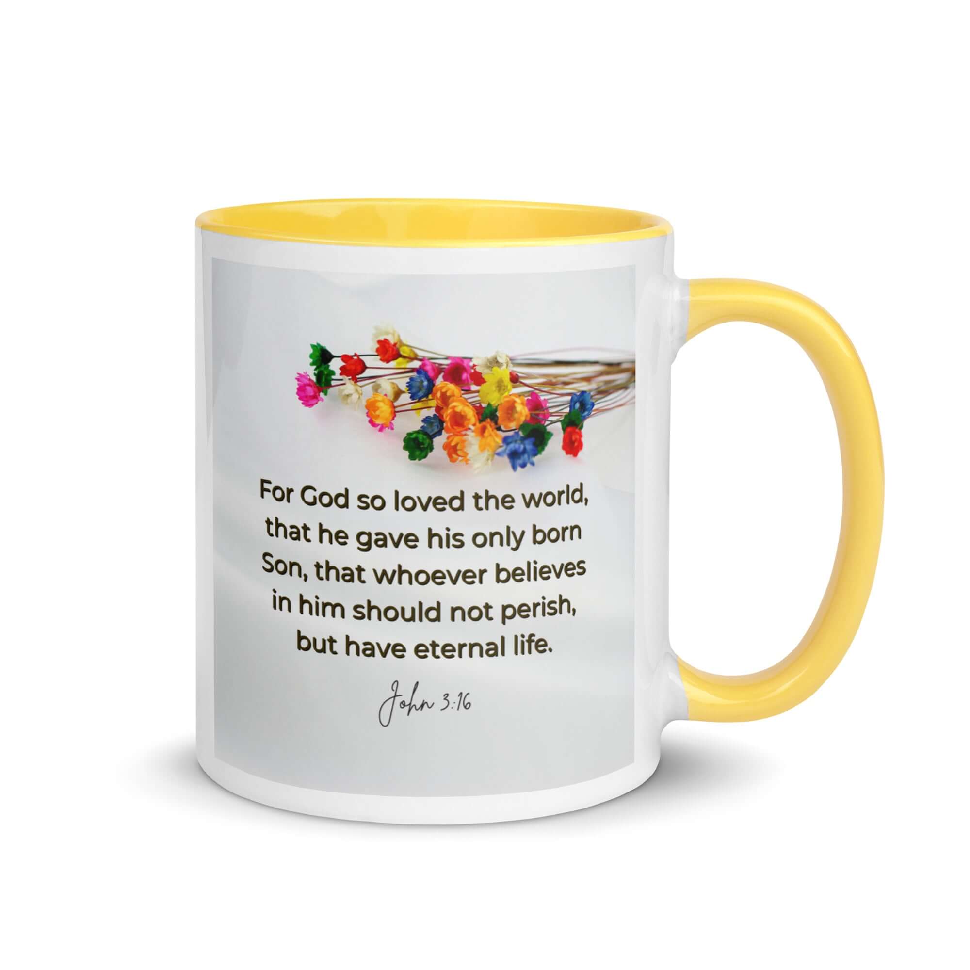 John 3:16 Bible Verse, He gave His Son White Ceramic Mug with Color Inside Yellow 11 oz