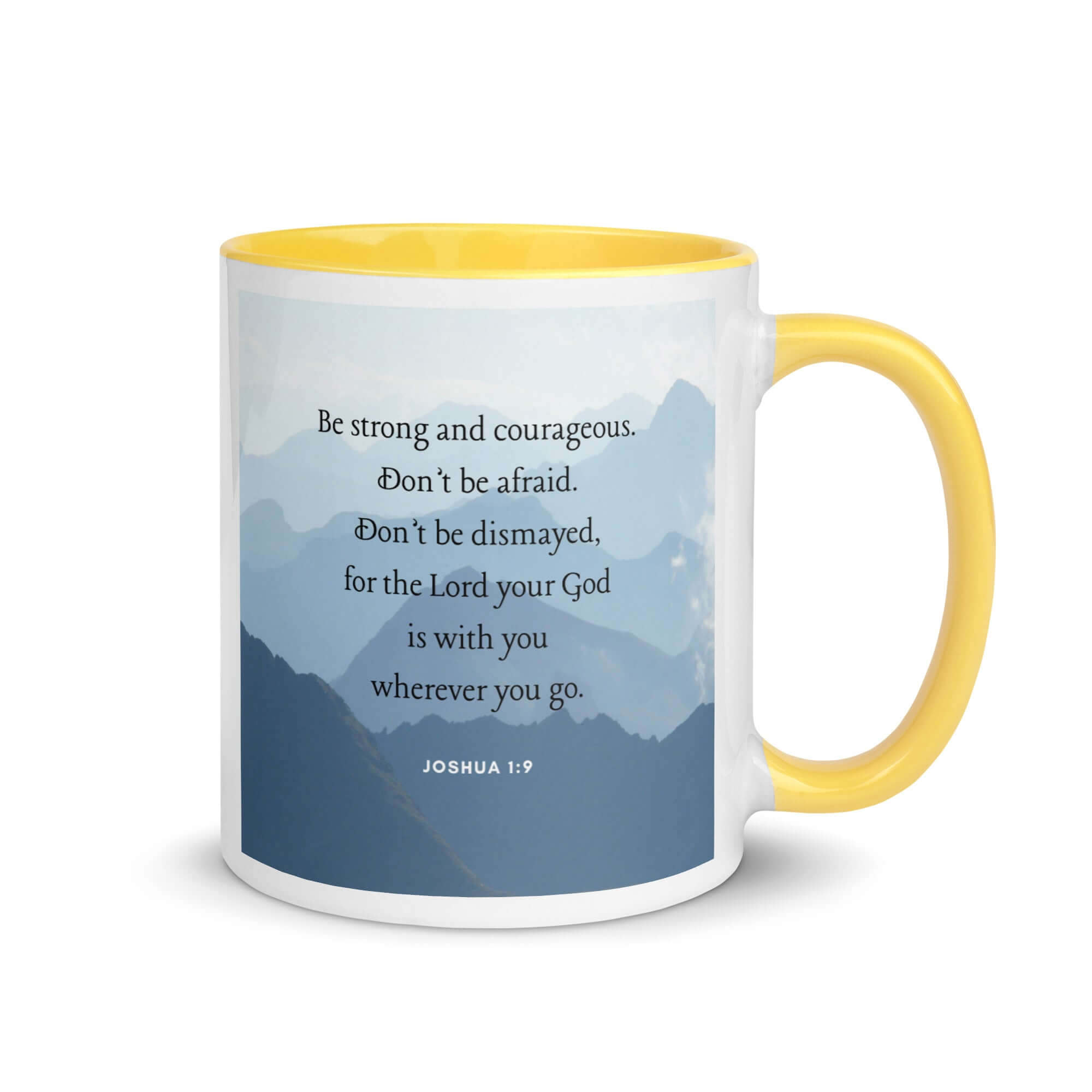 Joshua 1:9 Bible Verse, Courageous White Ceramic Mug with Color Inside Yellow 11 oz