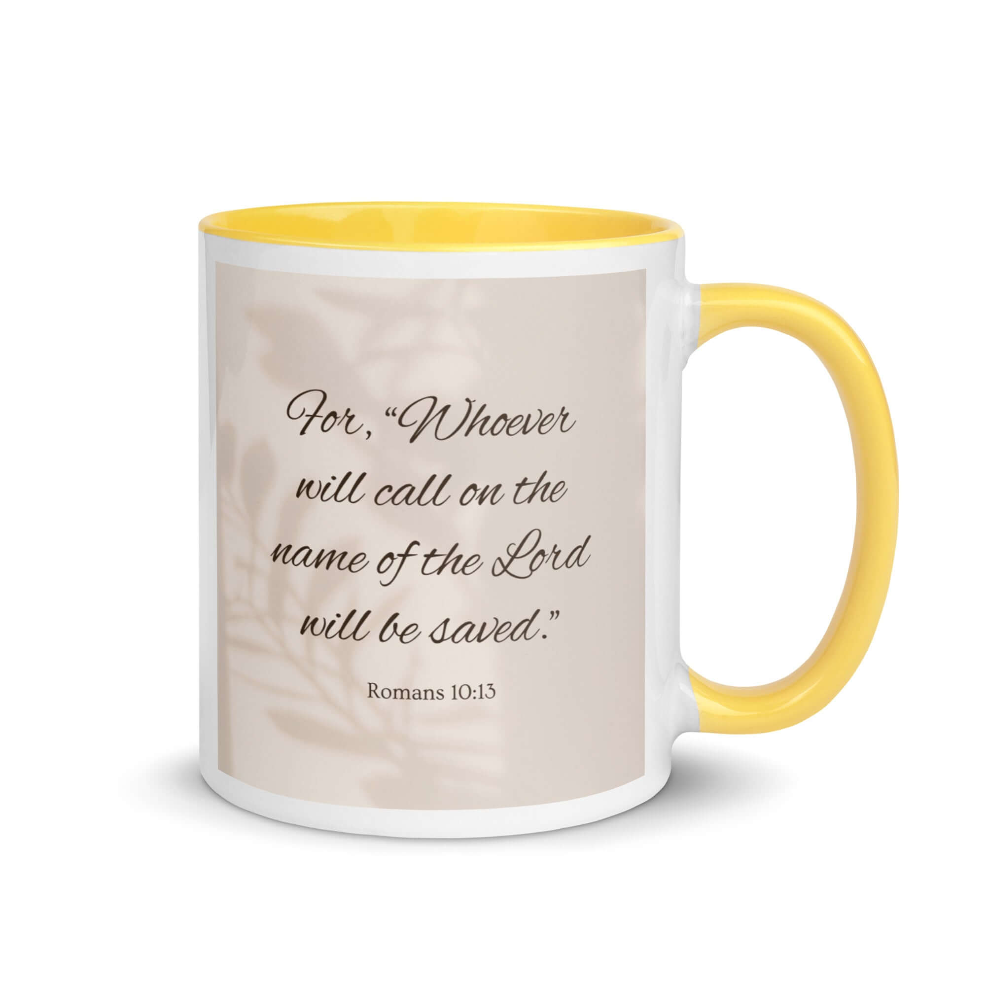 Romans 10:13 Bible Verse, Whoever White Ceramic Mug with Color Inside Yellow 11 oz