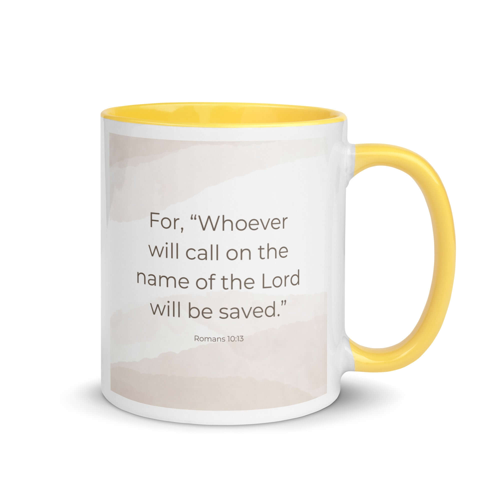 Romans 10:13 Bible Verse, the name White Ceramic Mug with Color Inside Yellow 11 oz