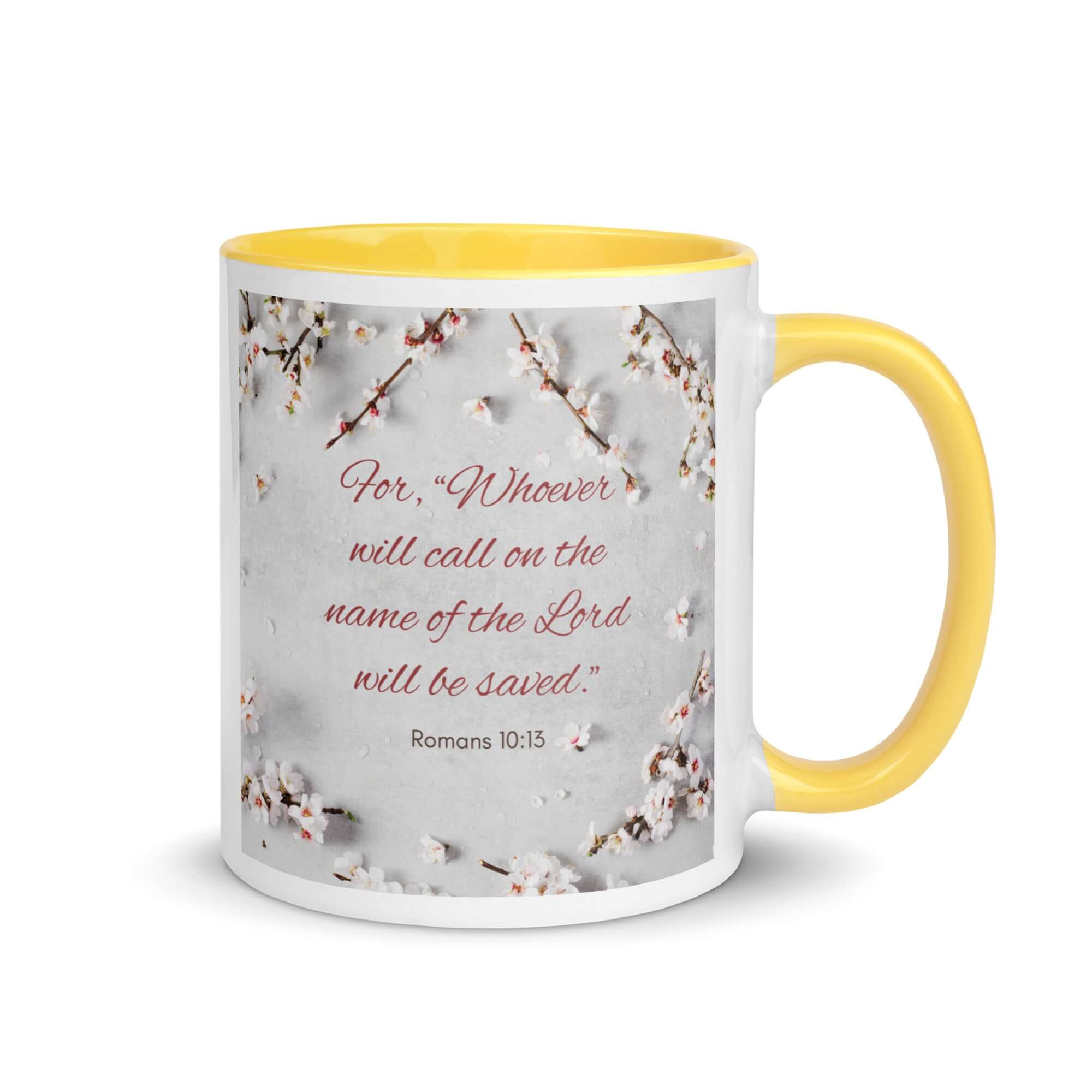 Romans 10:13 Bible Verse, the Lord White Ceramic Mug with Color Inside Yellow 11 oz