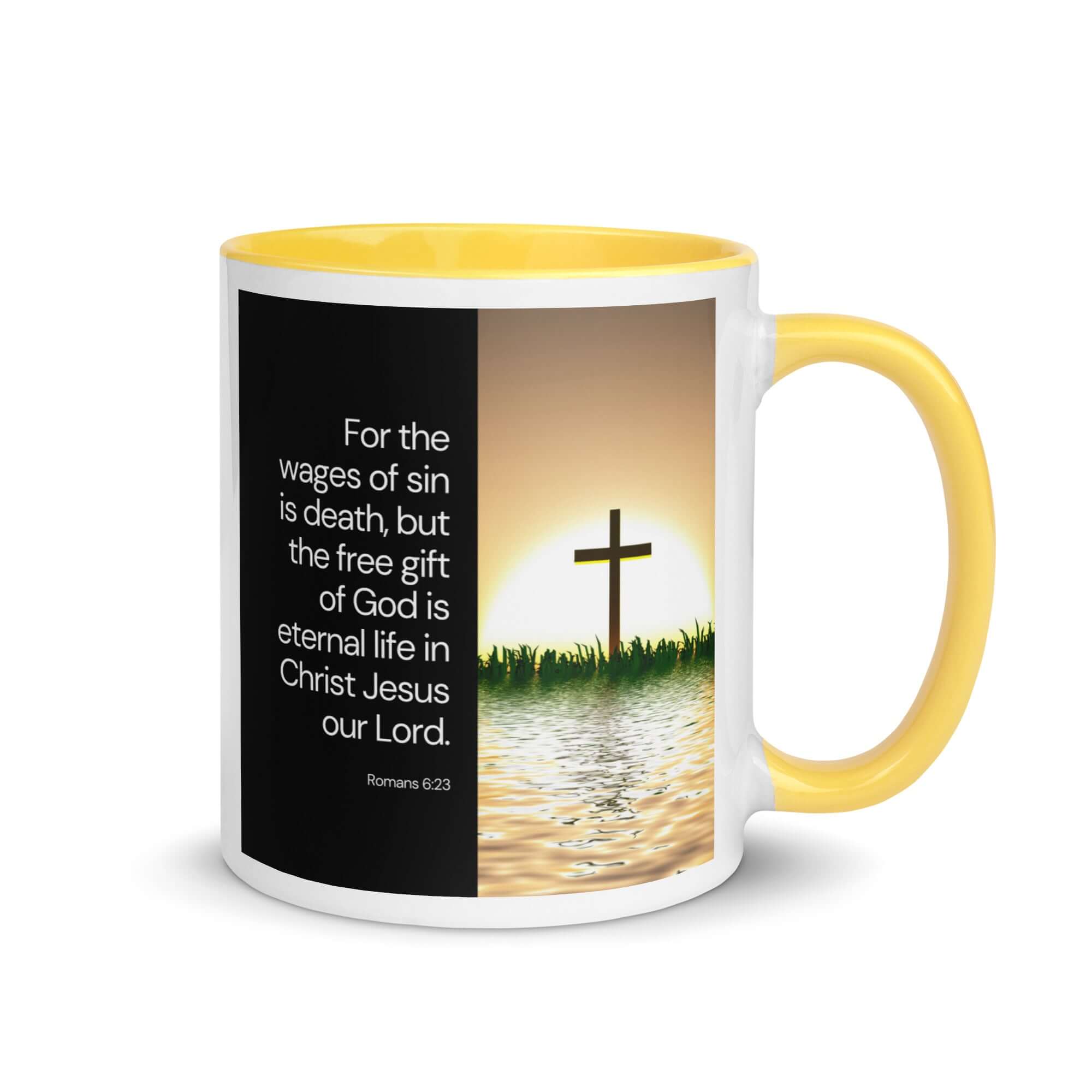 Romans 6:23 Bible Verse, the wages White Ceramic Mug with Color Inside Yellow 11 oz
