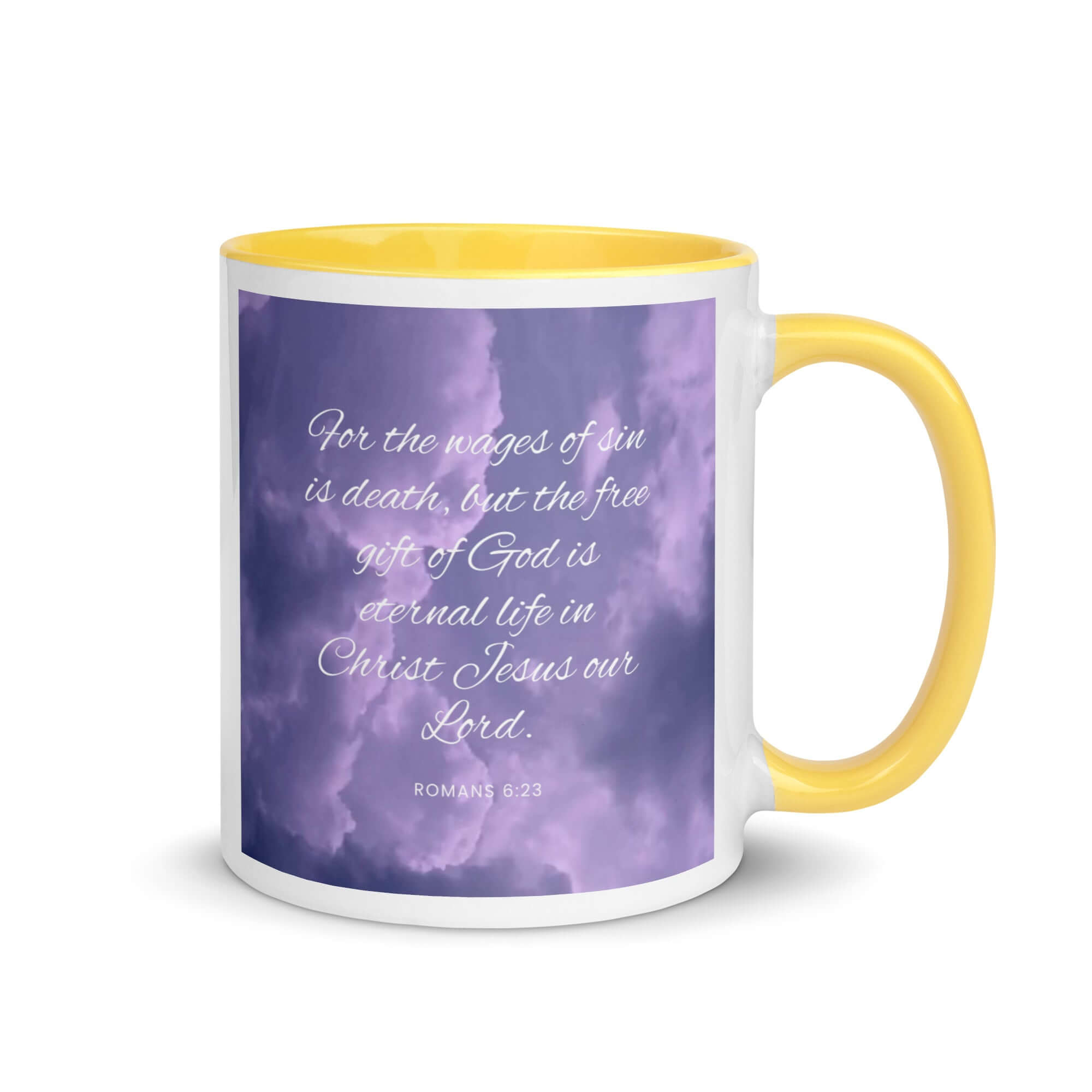 Romans 6:23 Bible Verse, free gift White Ceramic Mug with Color Inside Yellow 11 oz