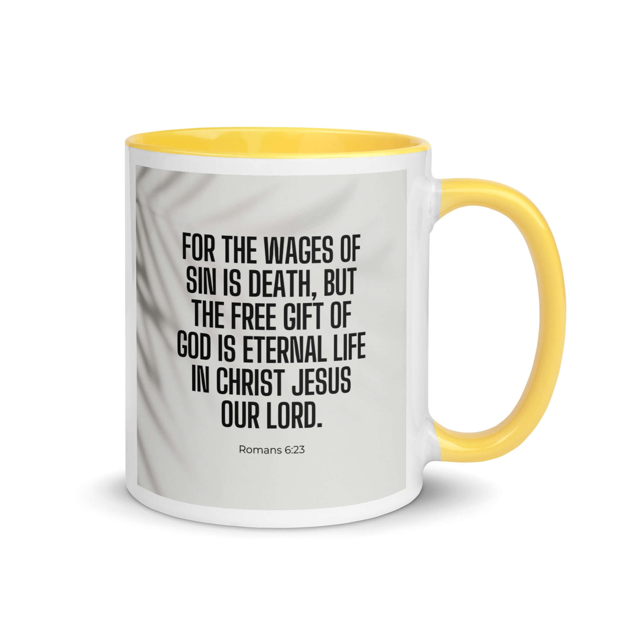 Romans 6:23 Bible Verse, eternal life White Ceramic Mug with Color Inside Yellow 11 oz
