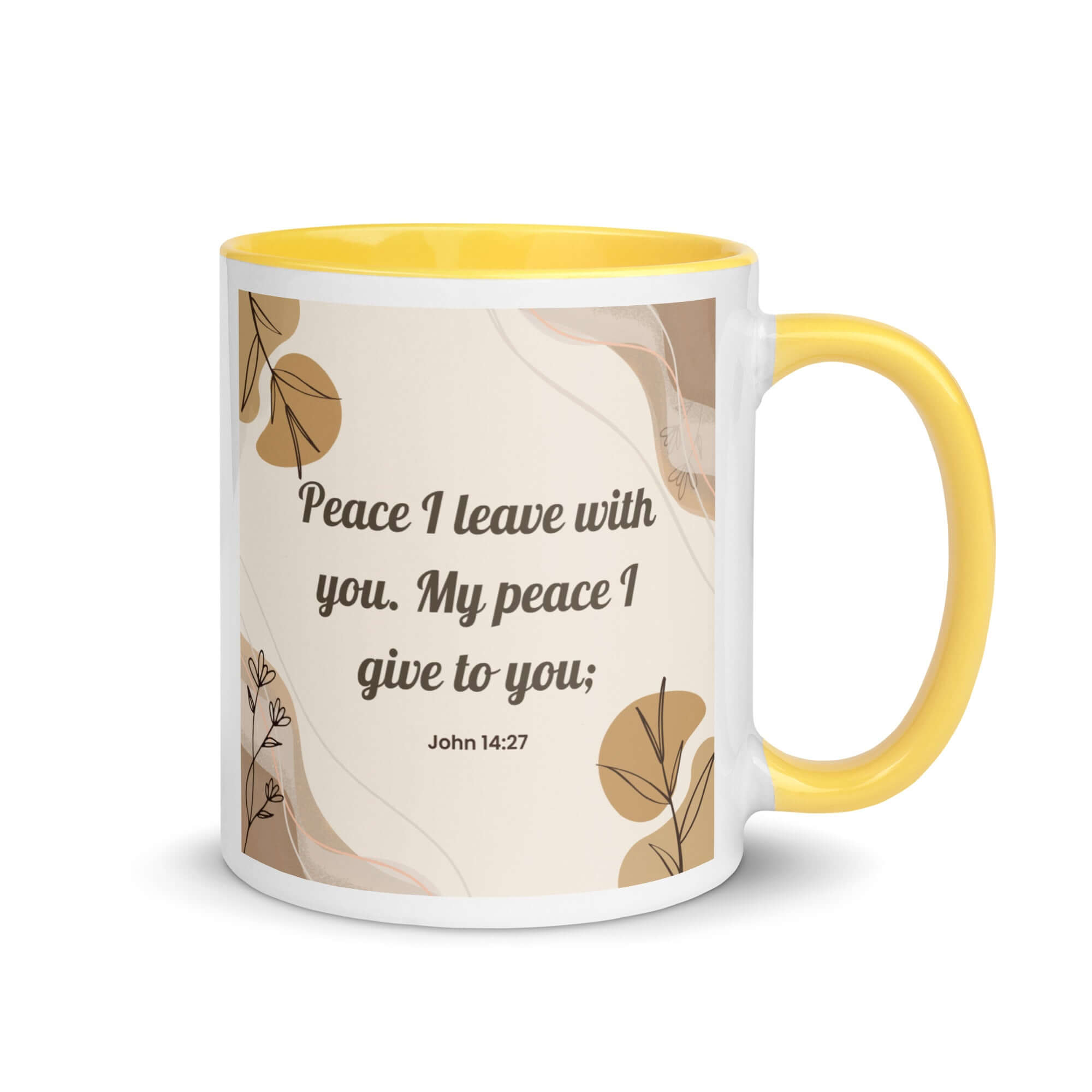 John 14:27 Bible Verse, Peace I White Ceramic Mug with Color Inside Yellow 11 oz