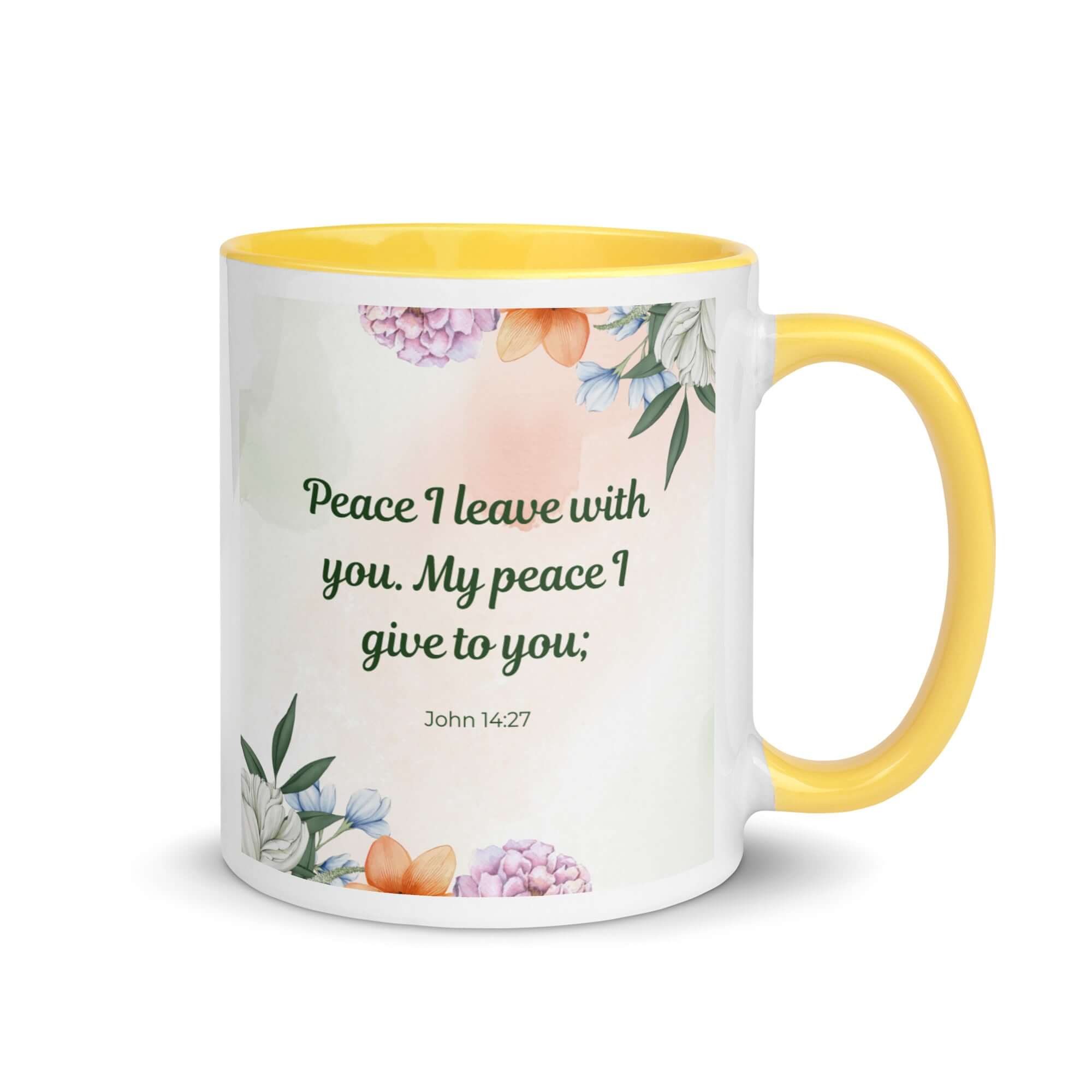 John 14:27 Bible Verse, with you White Ceramic Mug with Color Inside Yellow 11 oz