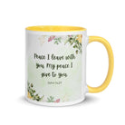 John 14:27 Bible Verse, My peace White Ceramic Mug with Color Inside Yellow 11 oz