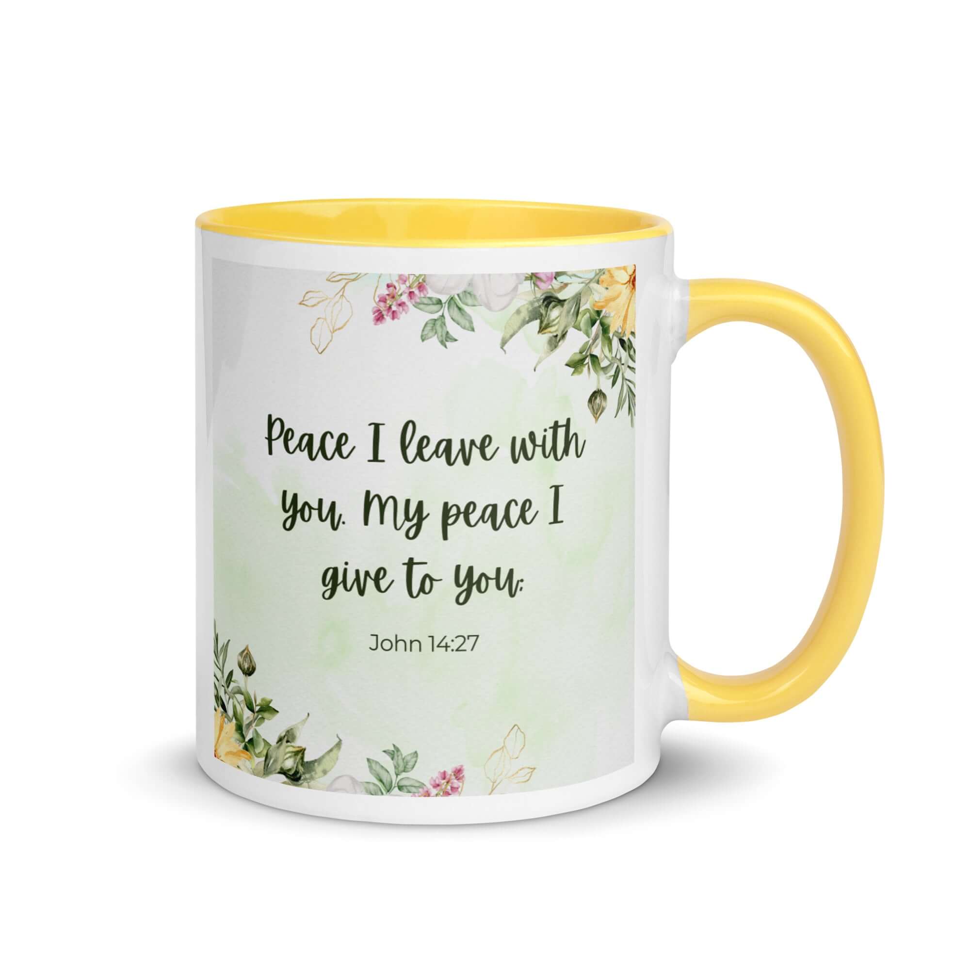 John 14:27 Bible Verse, My peace White Ceramic Mug with Color Inside Yellow 11 oz