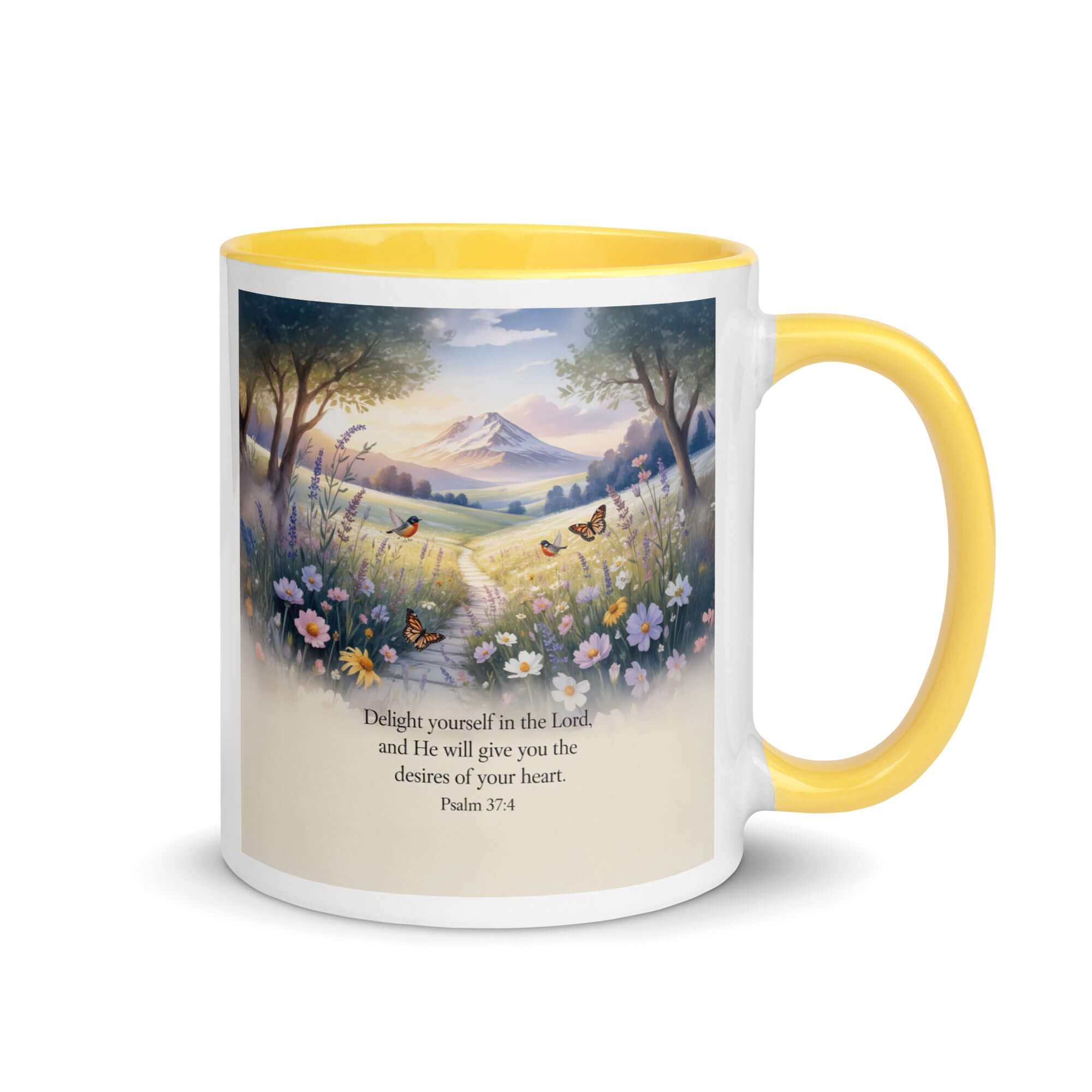 Psalm 37:4 Bible Verse, Delight White Ceramic Mug with Color Inside Yellow 11 oz