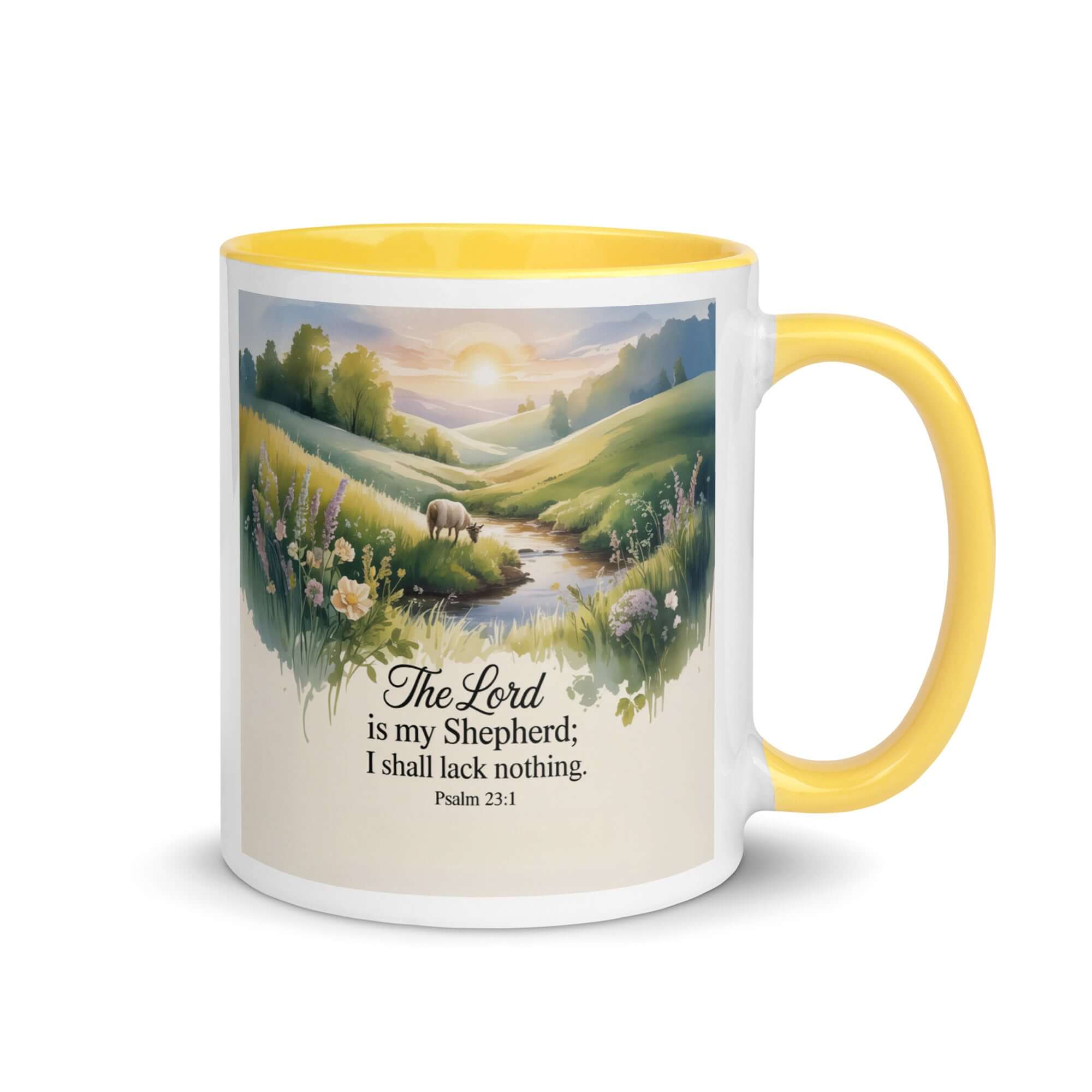 Psalm 23:1 Bible Verse, Lord White Ceramic Mug with Color Inside Yellow 11 oz