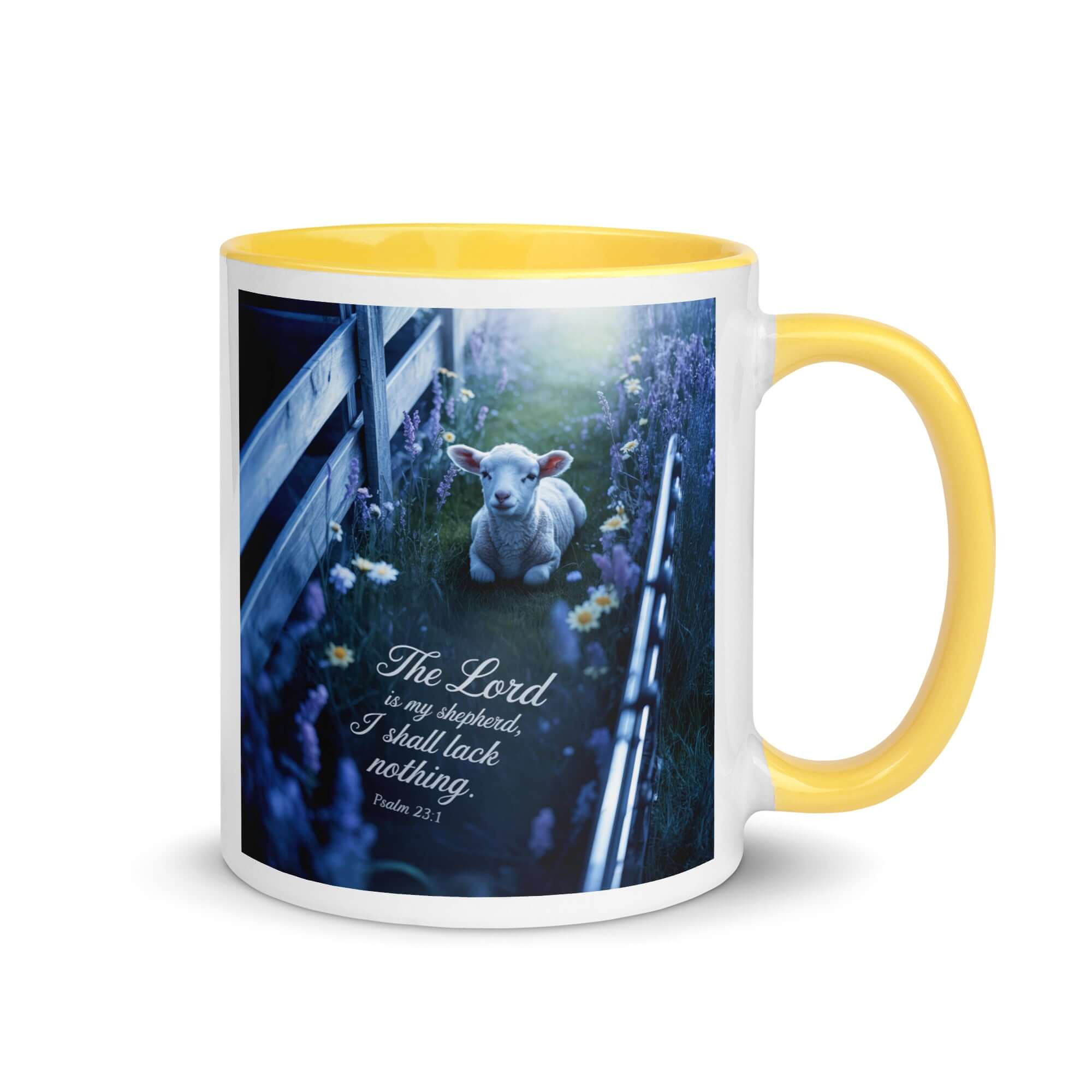 Psalm 23:1 Bible Verse, Shepherd White Ceramic Mug with Color Inside Yellow 11 oz