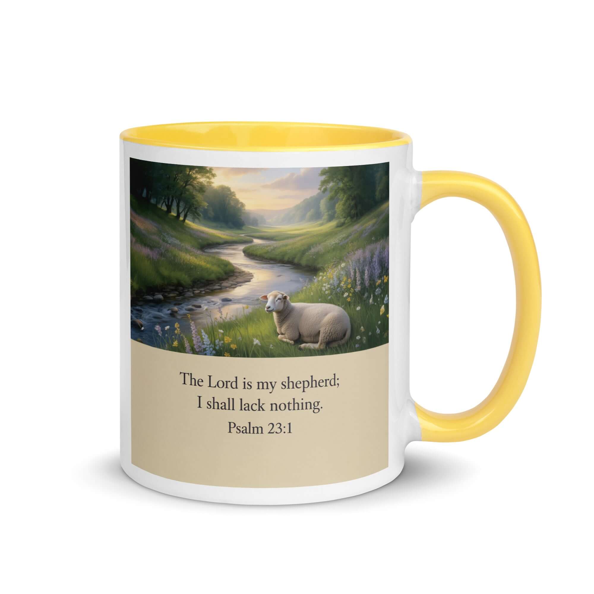 Psalm 23:1 Bible Verse, I shall White Ceramic Mug with Color Inside Yellow 11 oz