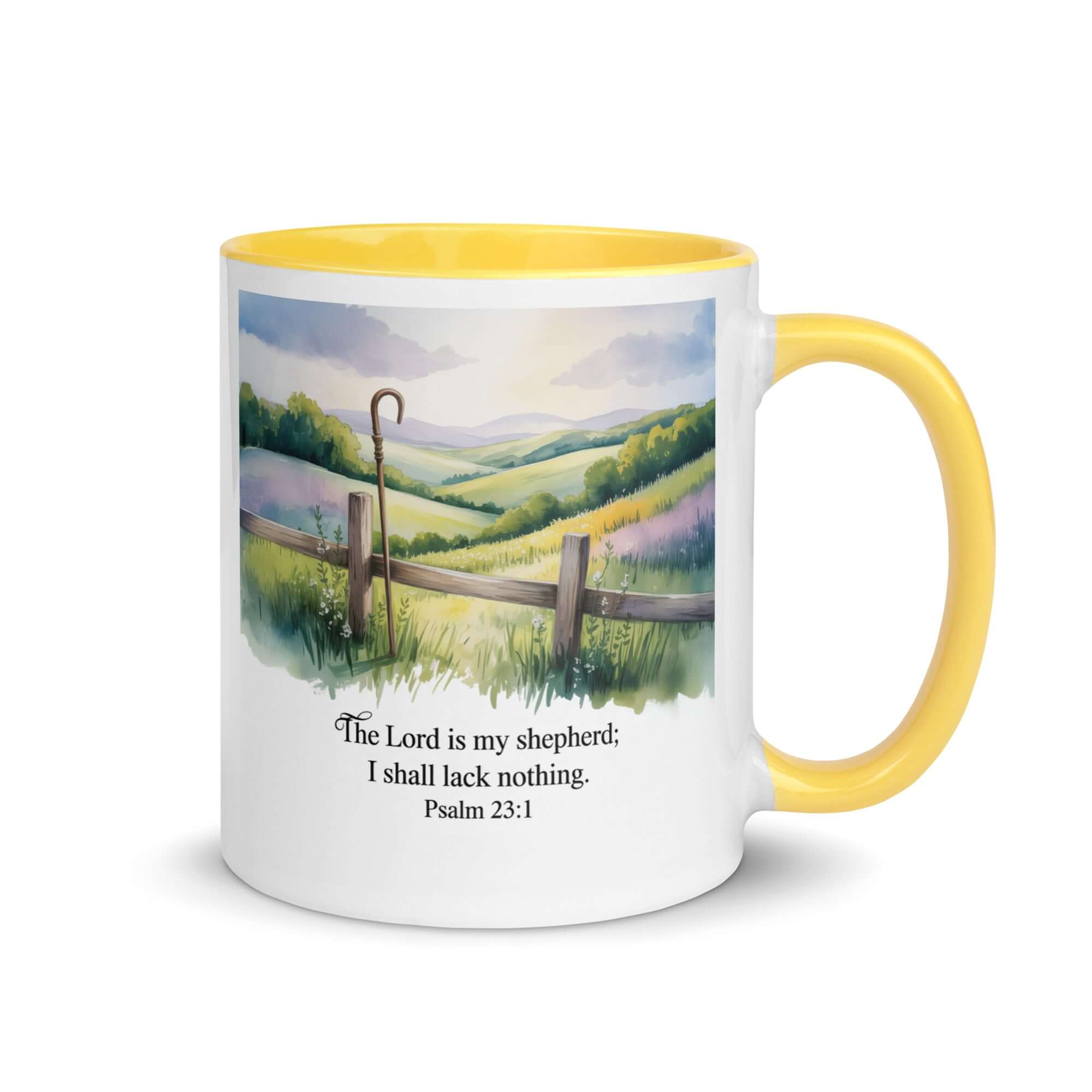 Psalm 23:1 Bible Verse, Lack White Ceramic Mug with Color Inside Yellow 11 oz