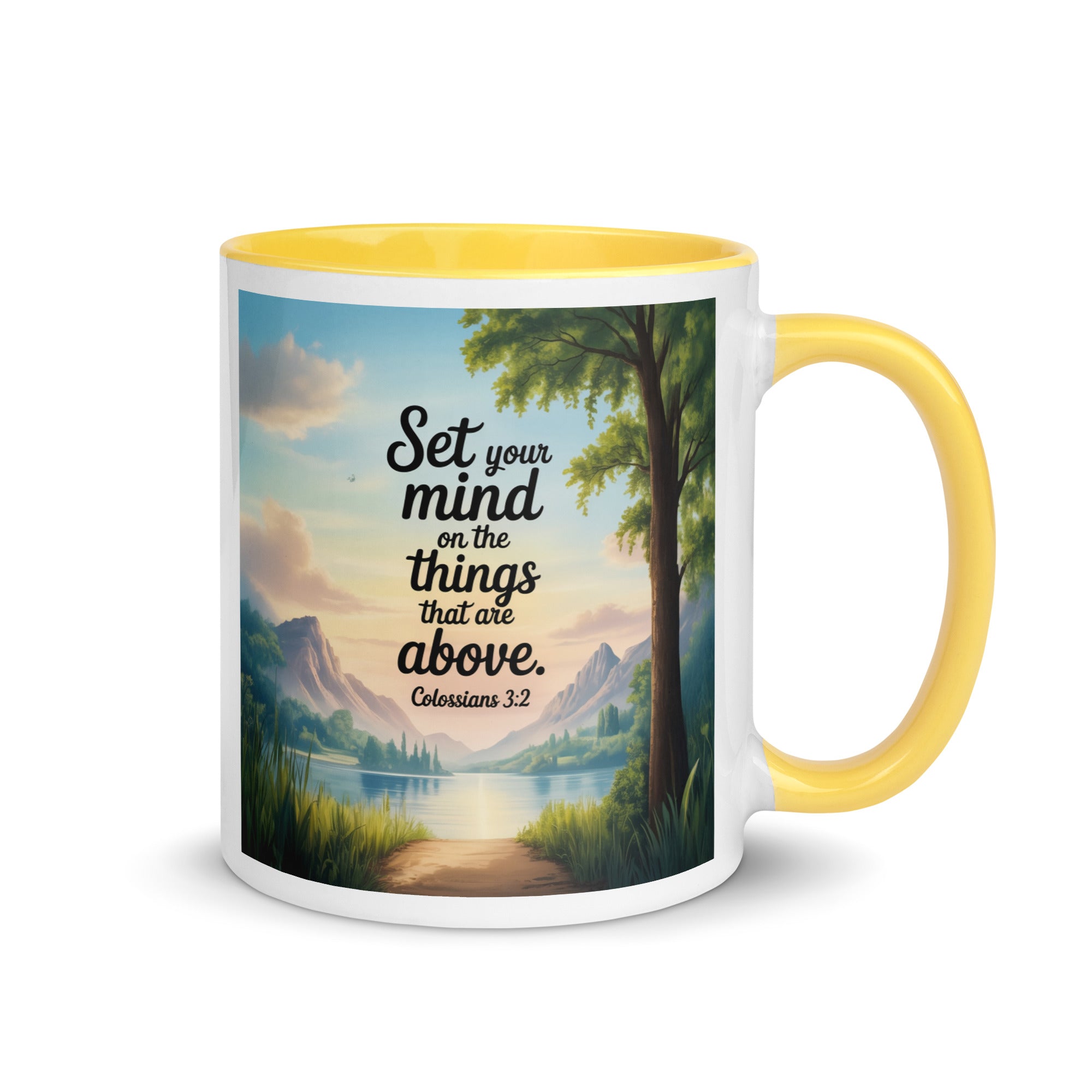 Colossians 3:2 Bible Verse Set White Ceramic Mug with Color Inside Yellow 11 oz