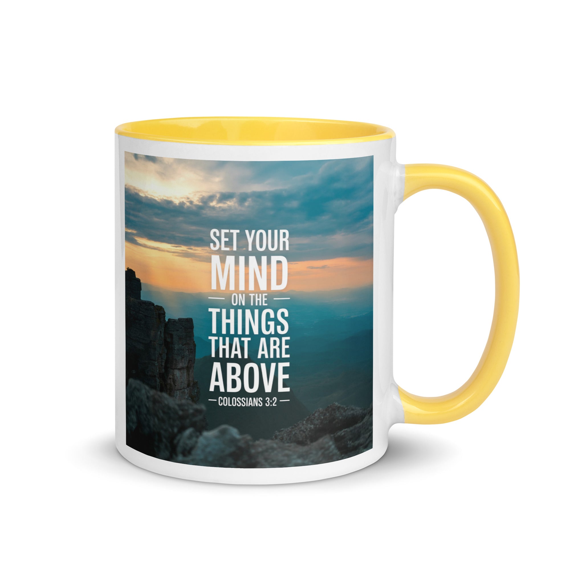 Colossians 3:2 Bible Verse on the White Ceramic Mug with Color Inside Yellow 11 oz