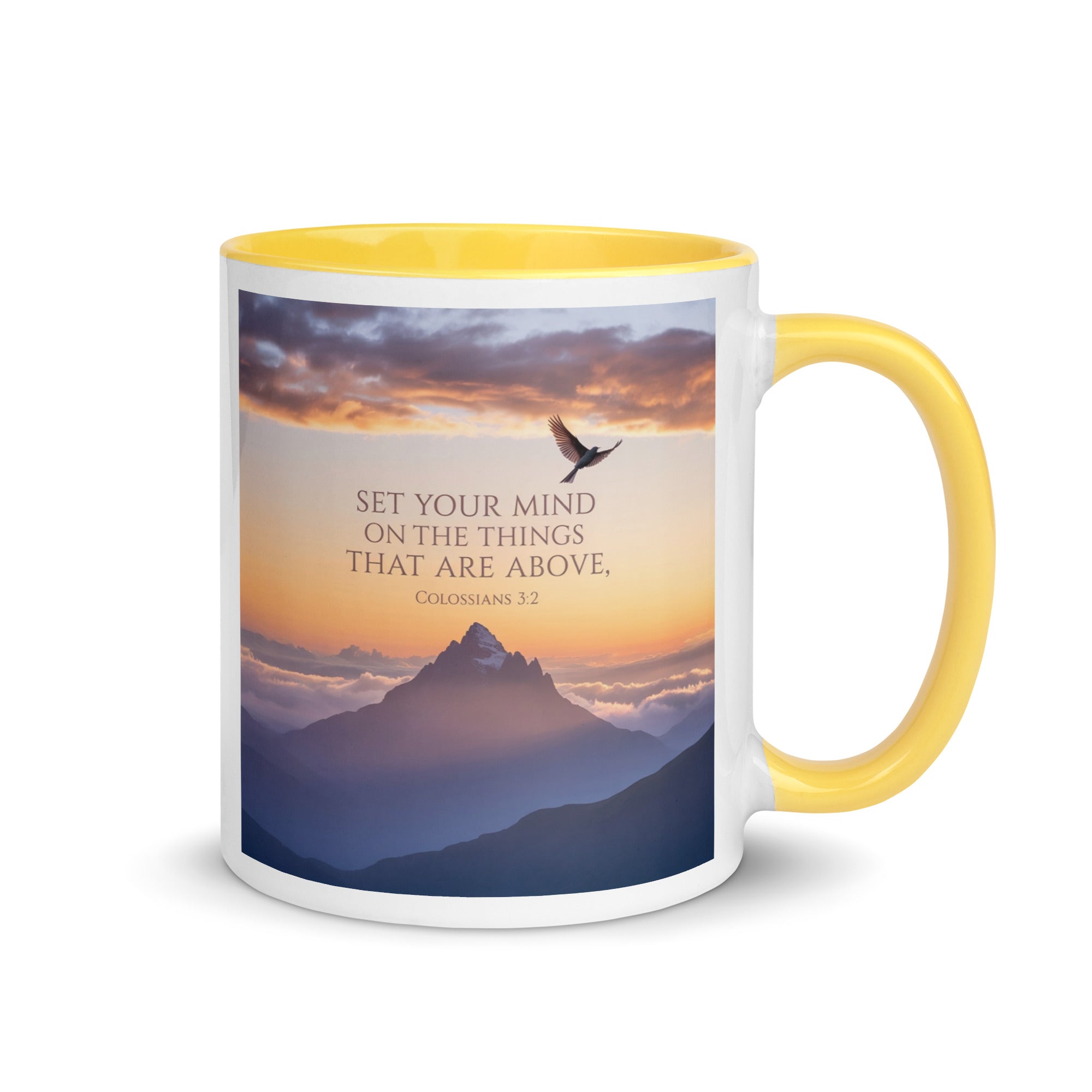 Colossians 3:2 Bible Verse are above White Ceramic Mug with Color Inside Yellow 11 oz