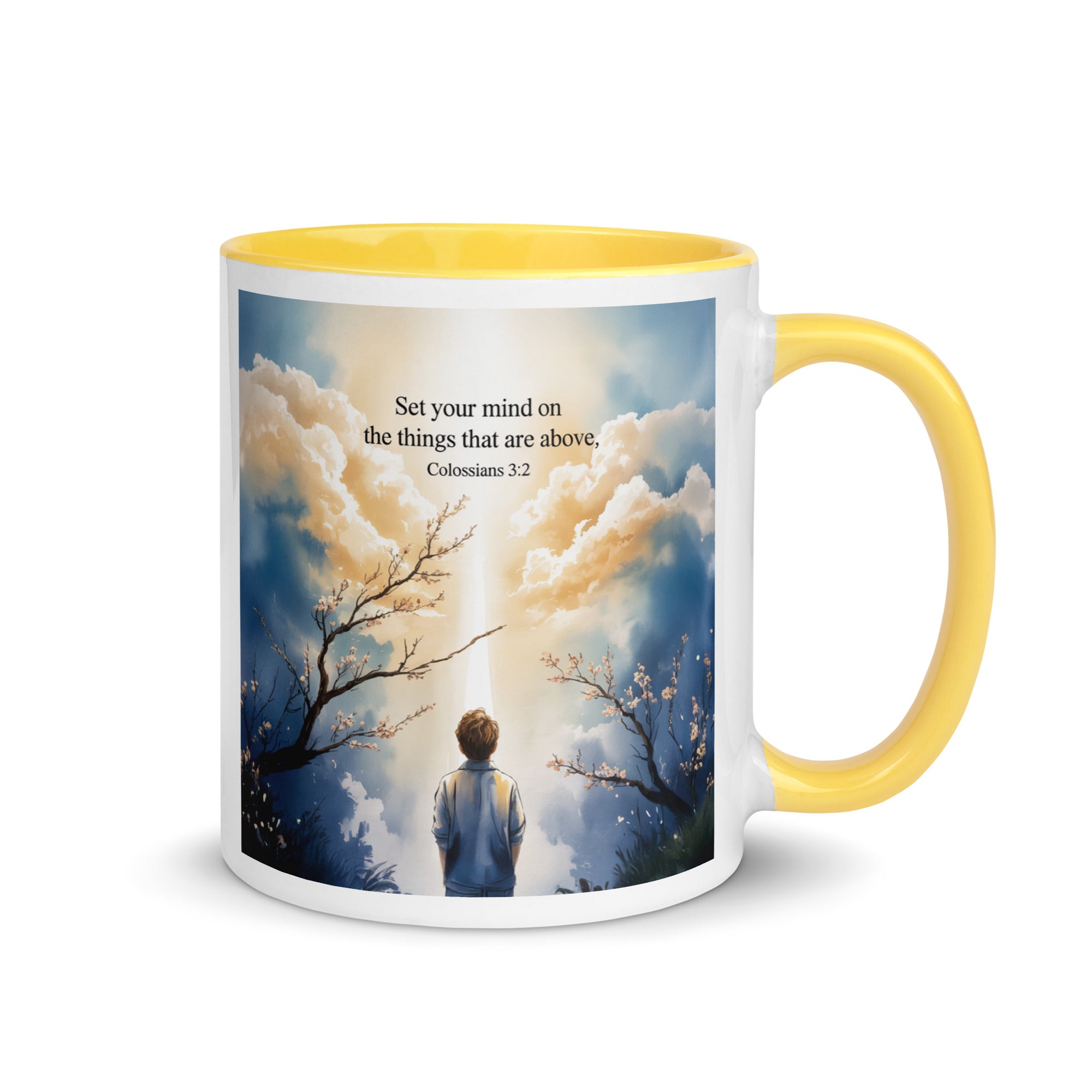 Colossians 3:2 Bible Verse the things White Ceramic Mug with Color Inside Yellow 11 oz
