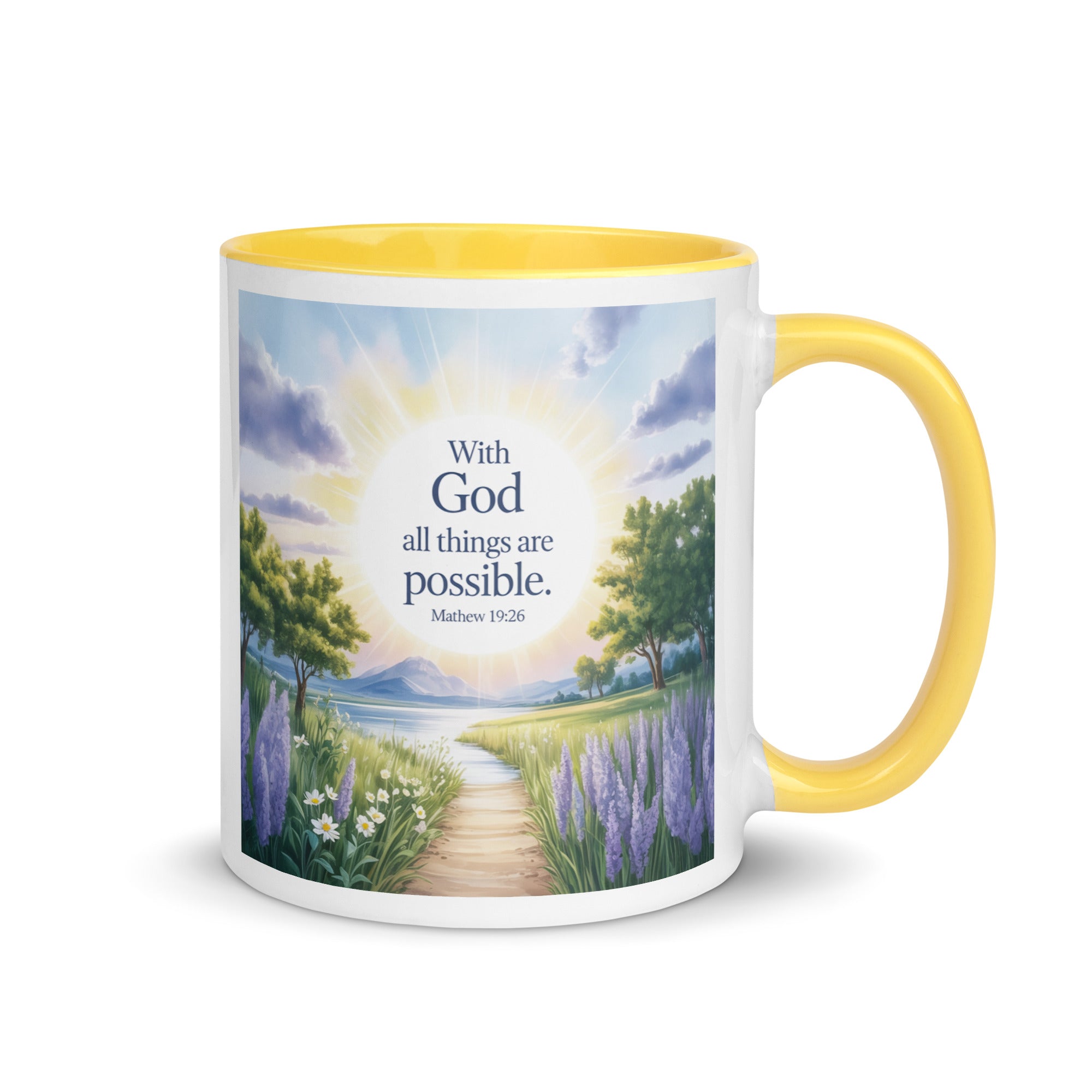 Matthew 19:26 Bible Verse Looking at White Ceramic Mug with Color Inside Yellow 11 oz