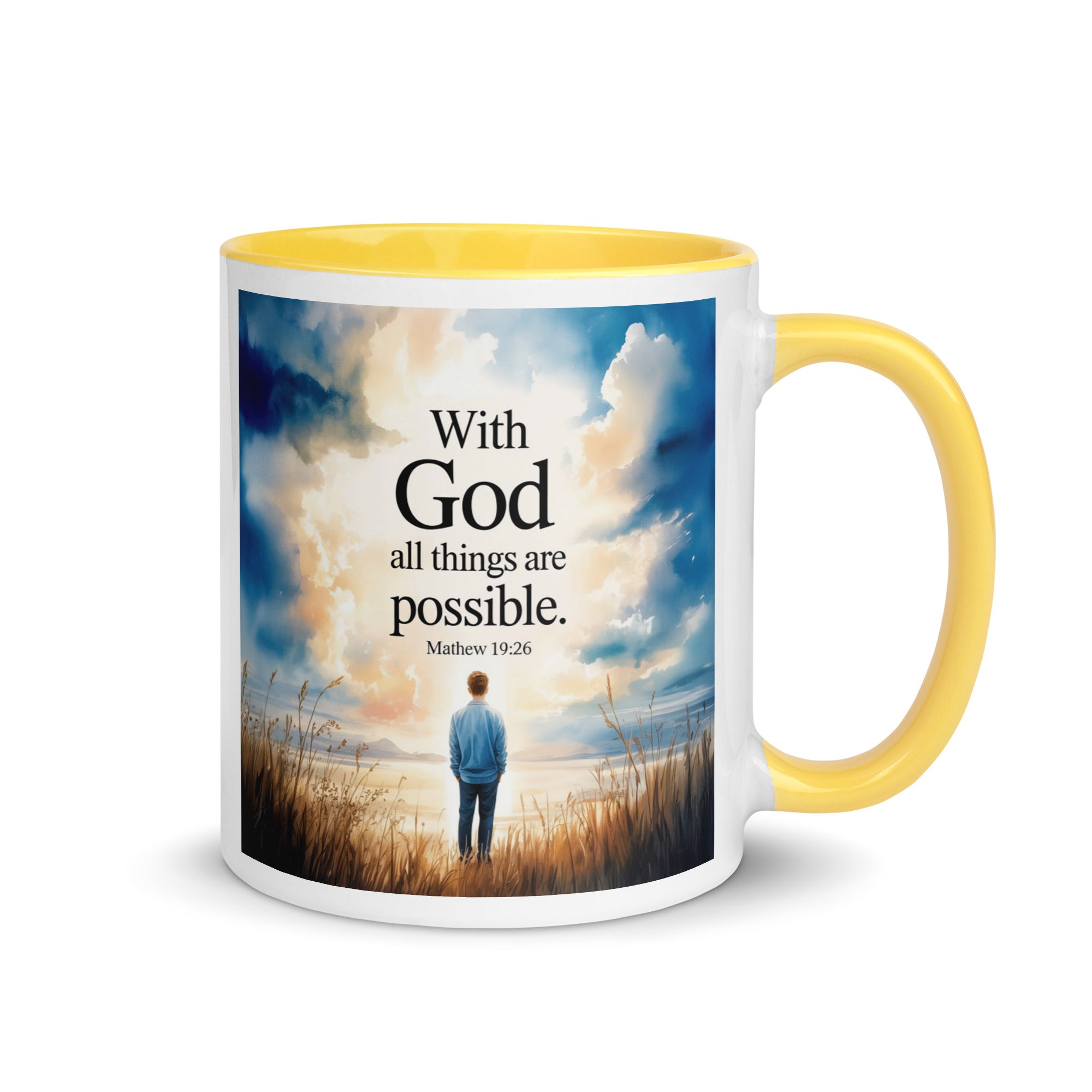 Matthew 19:26 Bible Verse Jesus White Ceramic Mug with Color Inside Yellow 11 oz