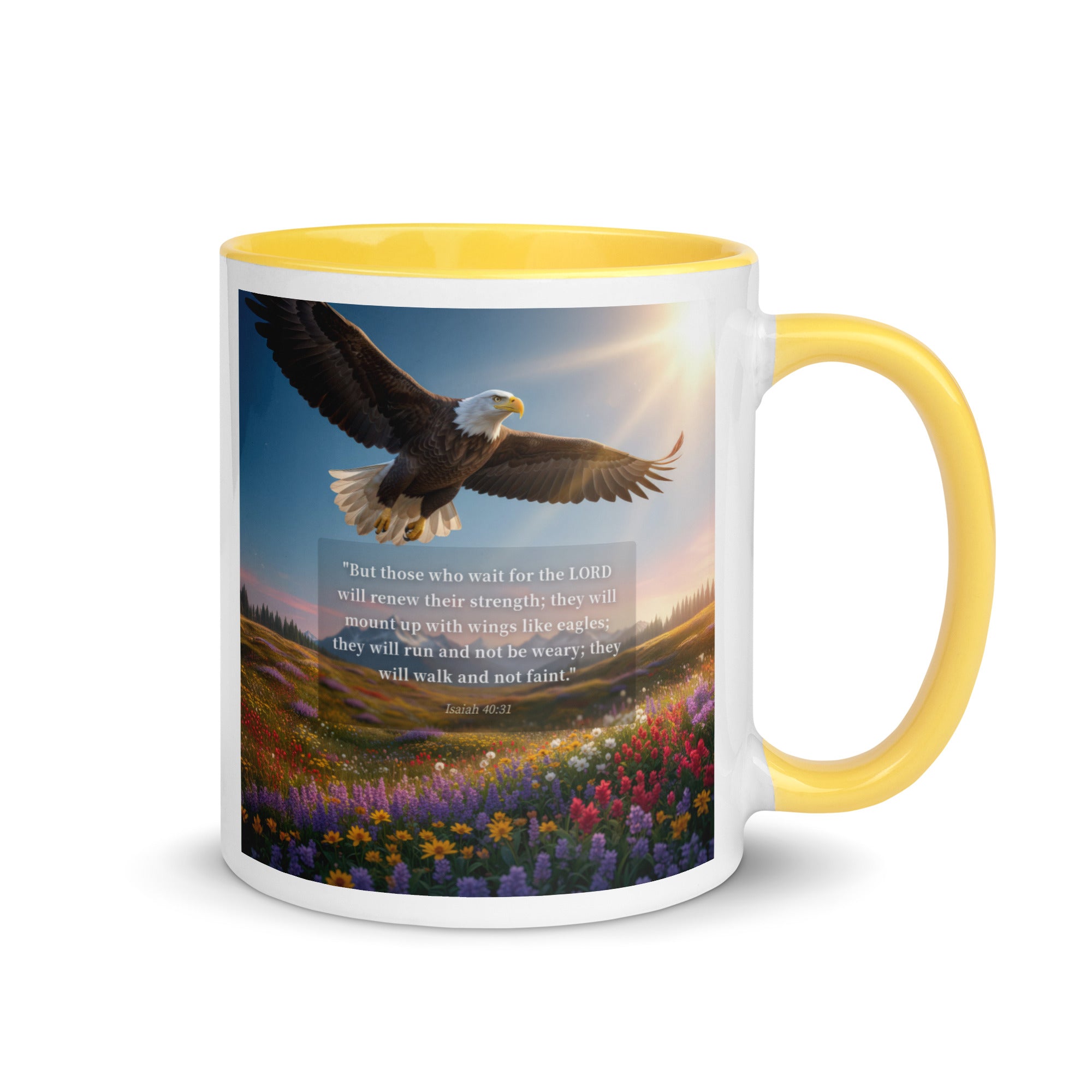 Isaiah 40:31 Bible Verse Who Wait White Ceramic Mug with Color Inside Yellow 11 oz