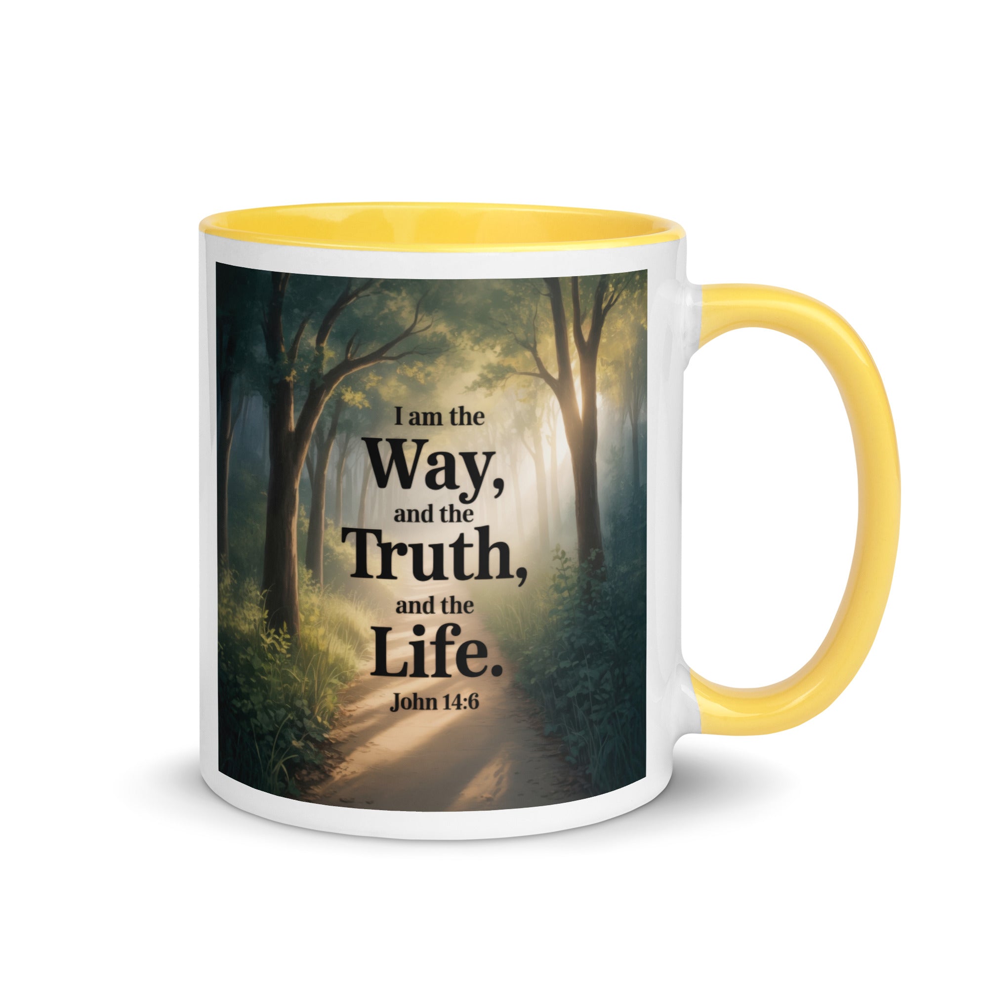 John 14:6 Bible Verse The Life White Ceramic Mug with Color Inside Yellow 11 oz