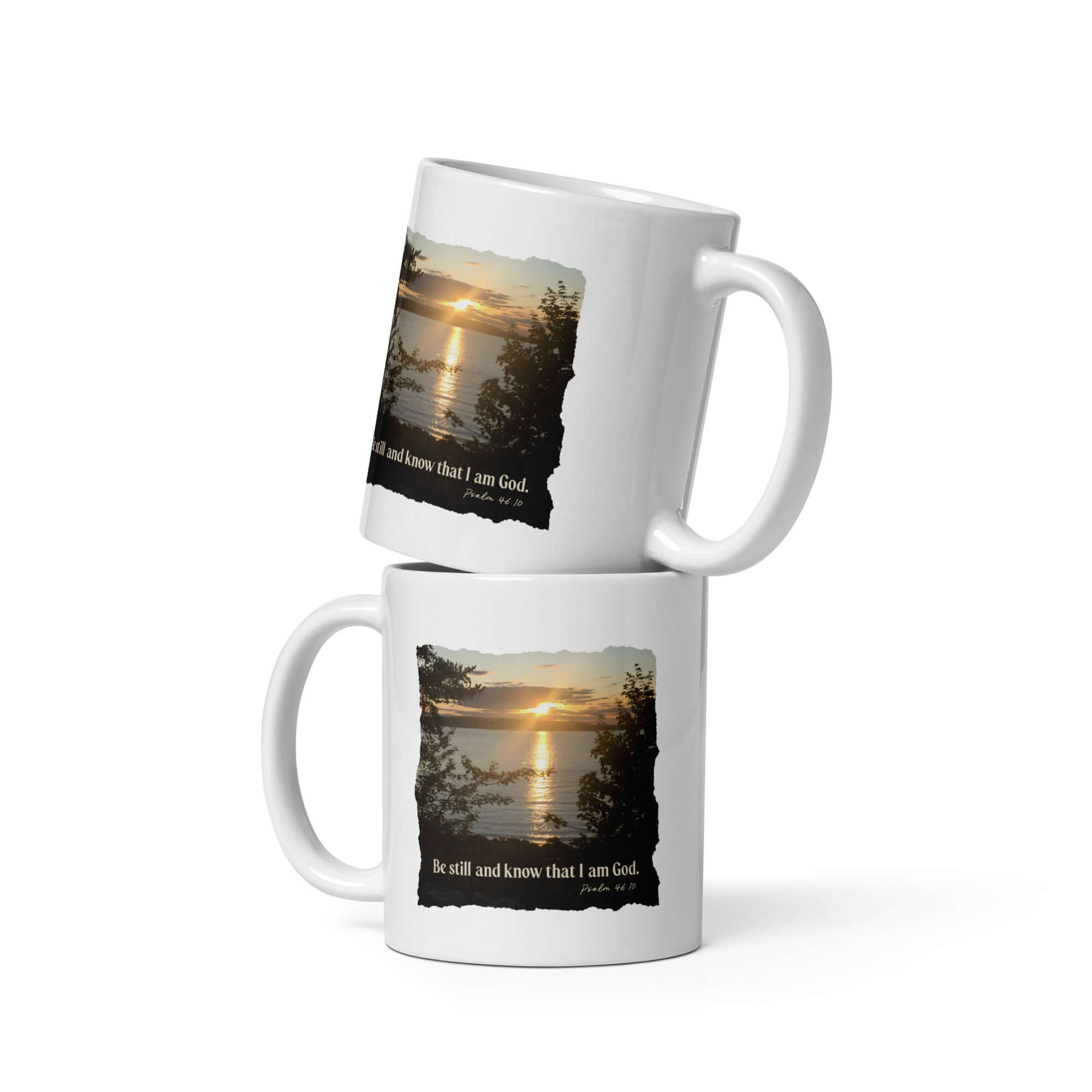 Psalm 46:10 Bible Verse, Sunset Glory White Glossy Mug 11 oz