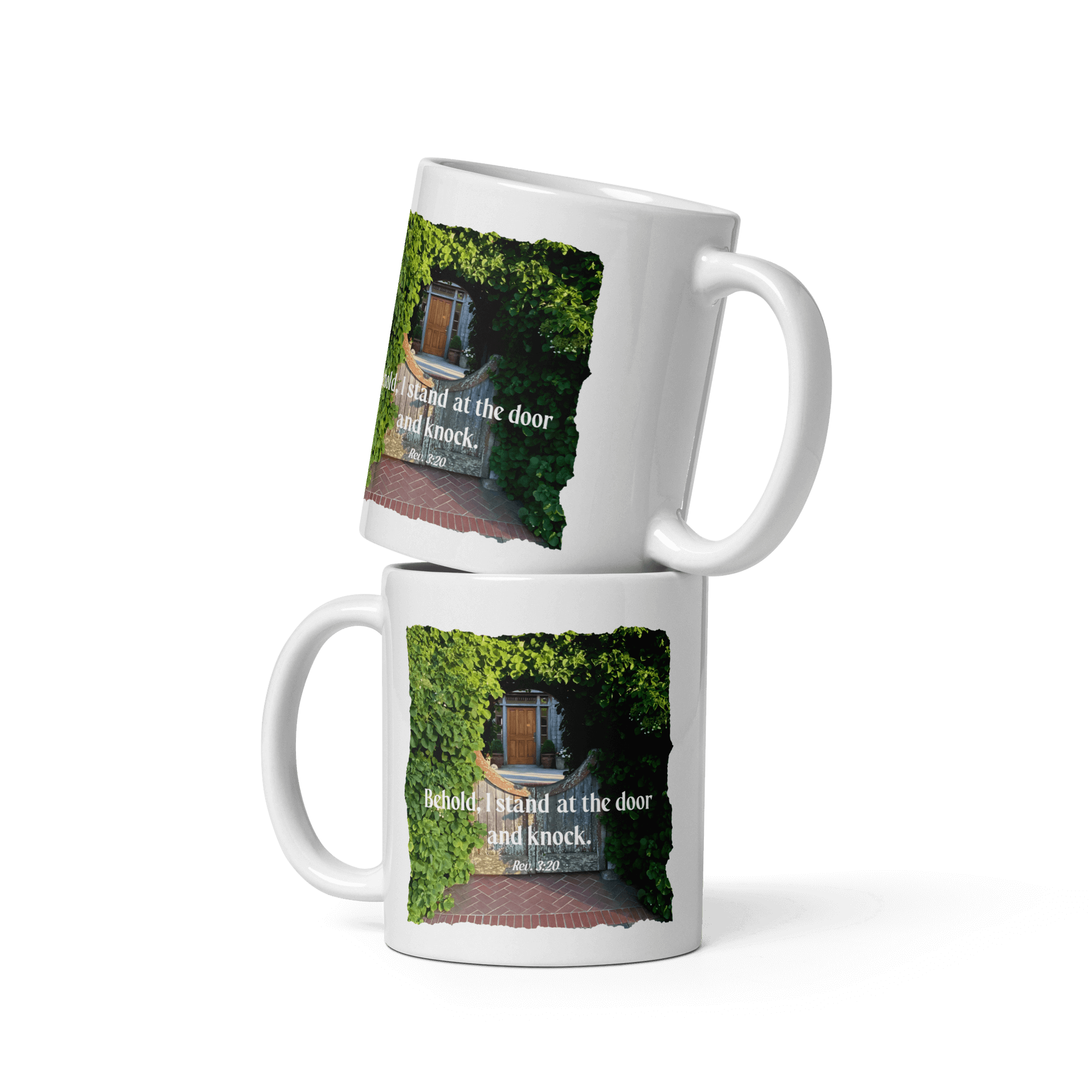 Revelation 3:20 Bible Verse, Garden Doorway White Glossy Mug 11 oz