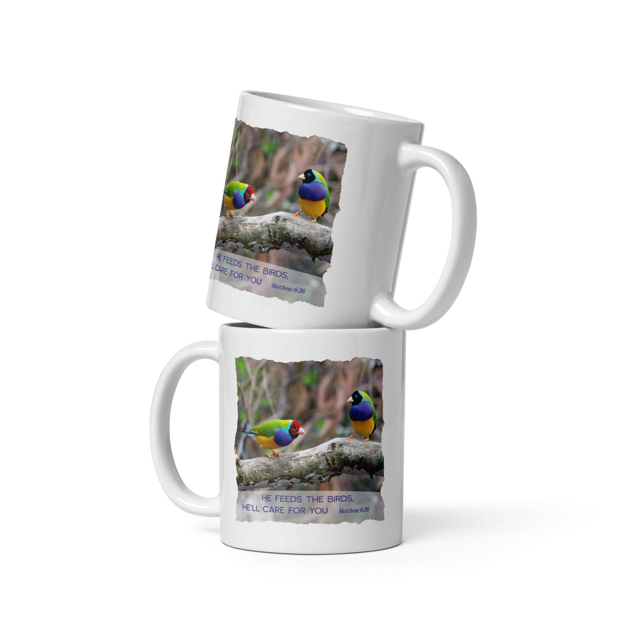 Matthew 6:26 Gouldian Finches, He'll Care for You White Glossy Mug 11 oz