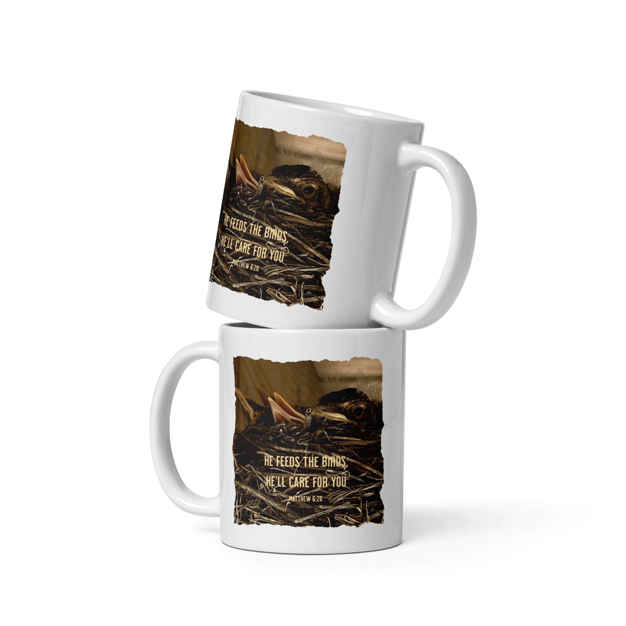 Matthew 6:26 Baby Robins, He'll Care for You White Glossy Mug 11 oz
