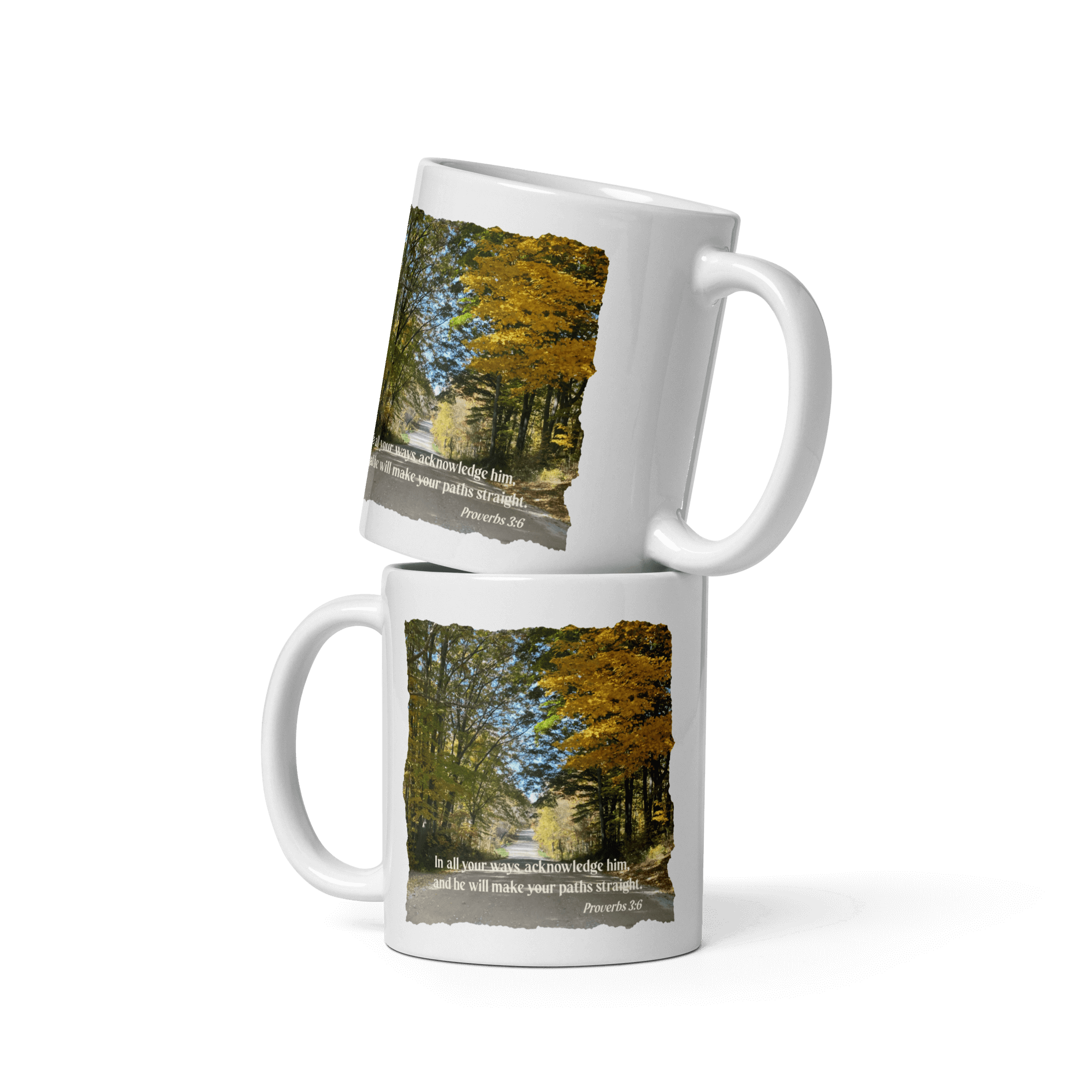 Proverbs 3:6 Bible Verse, Fall Road White Glossy Mug 11 oz