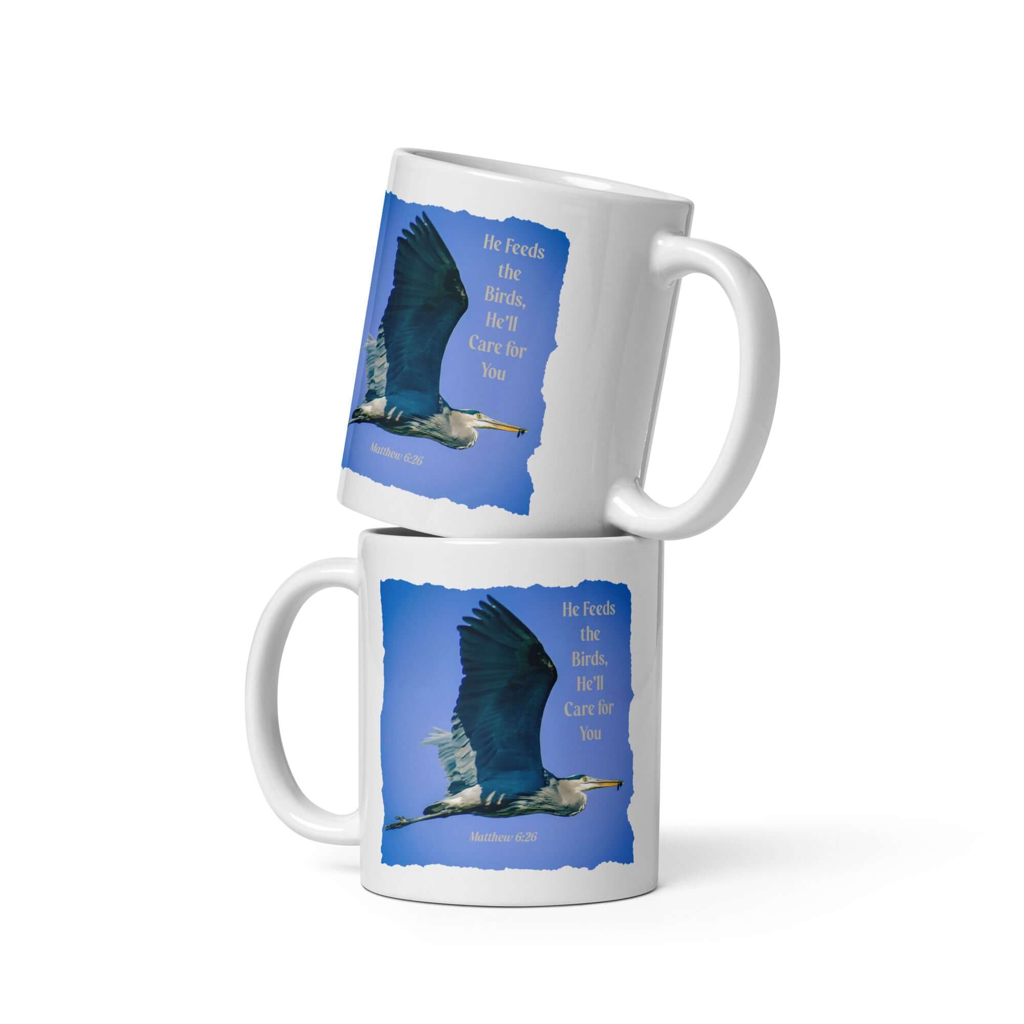 Matthew 6:26 Graceful Heron, He'll Care for You White Glossy Mug 11 oz