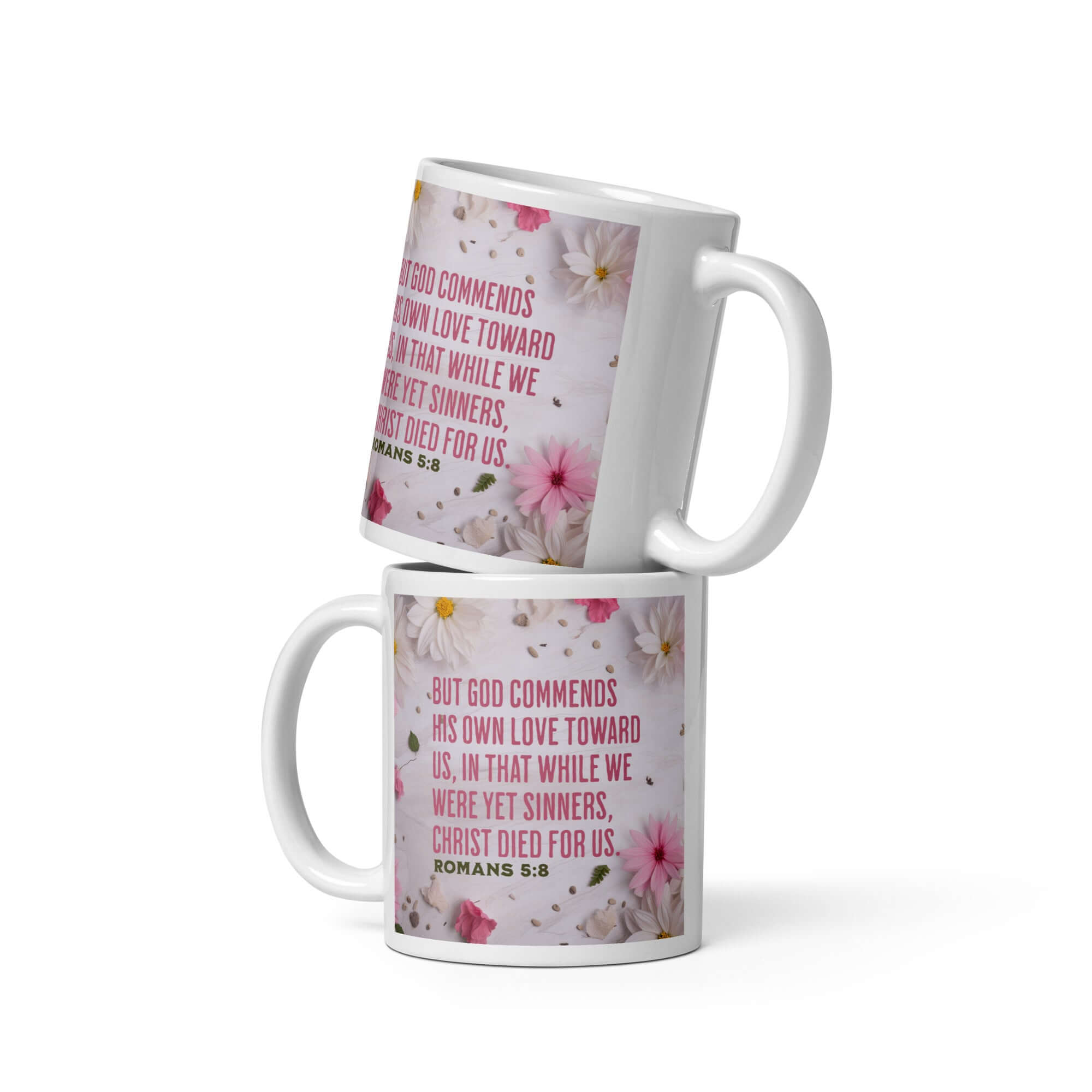 Romans 5:8 Bible Verse, Christ Died for Us White Glossy Mug 11 oz